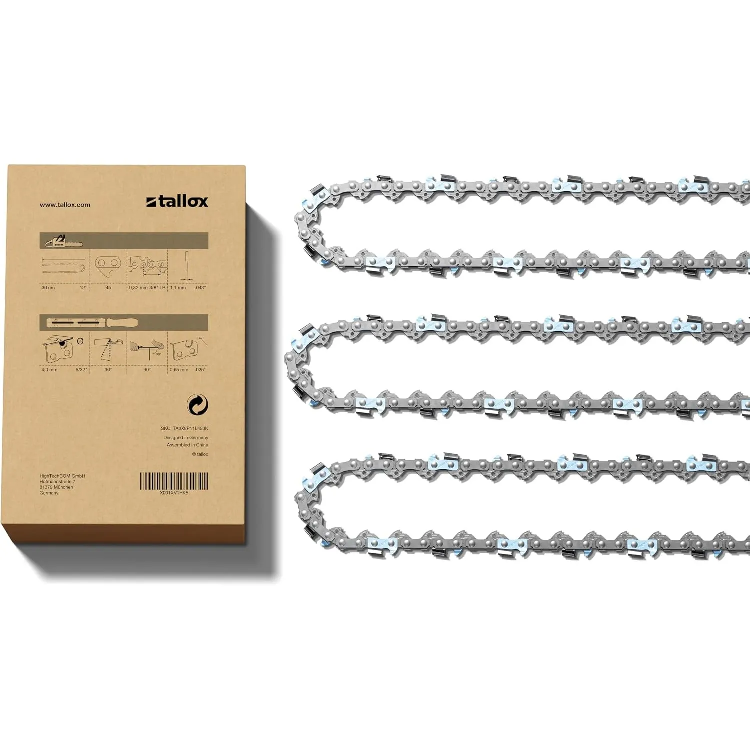 3 tallox Sägeketten rückschlagarm 3/8" 1,1 mm 45 TG 30 cm Schwert kompatibel mit BOSCH Greenworks