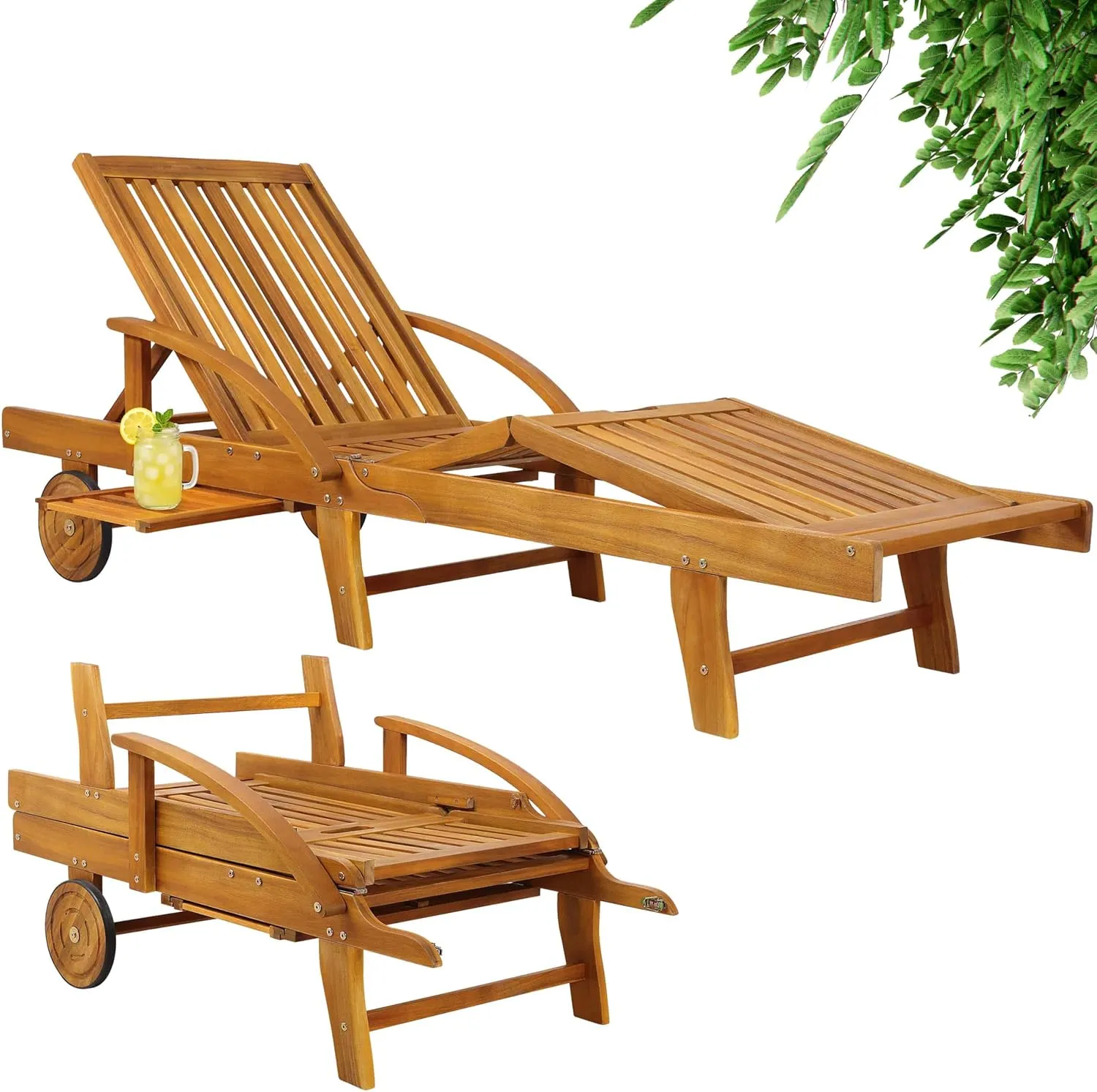 Casaria® Sonnenliege Klappbar Wetterfest Holz Gartenliege 160kg Belastbar mit 2 Räder Ablage Tisch Liegestuhl Verstellb…