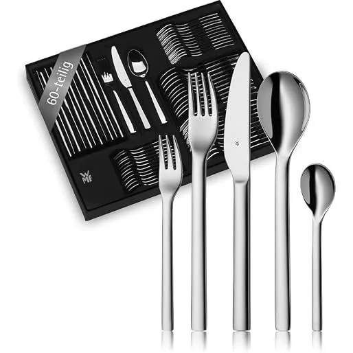 WMF Habitum Besteck Set 12 Personen, Essbesteck 60 teilig, Monobloc-Messer, Cromargan Edelstahl poliert, glänzend, spül…