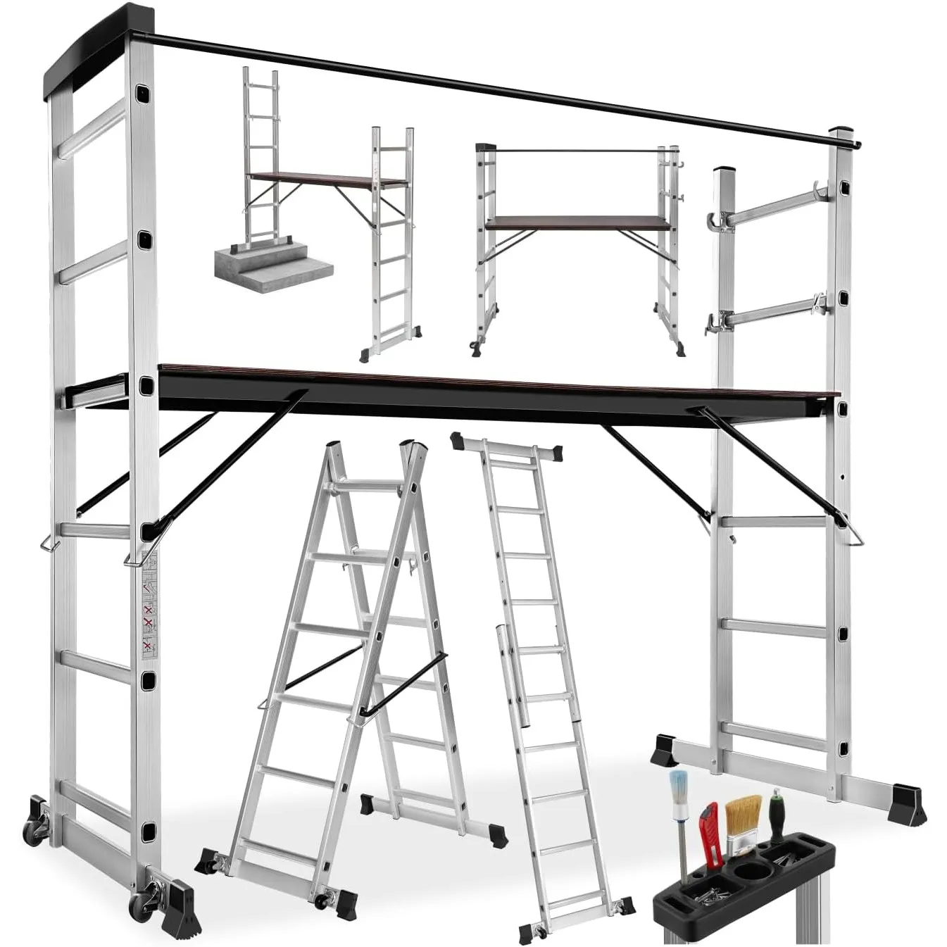 TecTake Gerüst, Leiter 4 in 1, Mobile Mehrzweckleiter, Arbeitsbühne, Baugerüst, Alu Gerüst, Rollgerüst mit Arbeitsplatt…