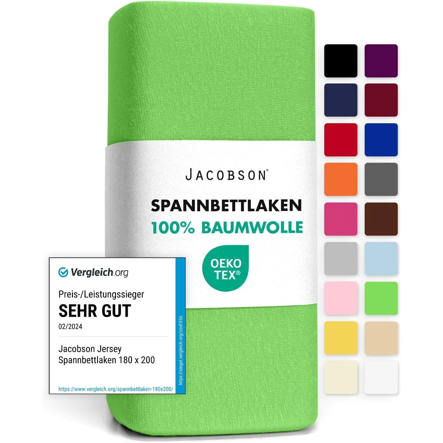 Jacobson Jersey Spannbettlaken Spannbetttuch Baumwolle Bettlaken (180x200-200x200 cm, Apfelgrün)