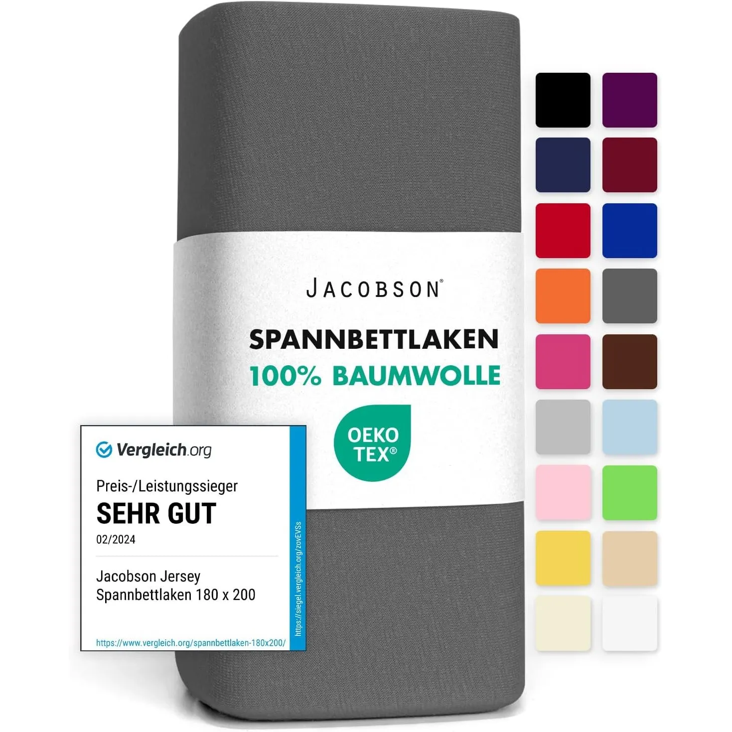 Jacobson Jersey Spannbettlaken Spannbetttuch Baumwolle Bettlaken (90x200-100x200 cm, Anthrazit)