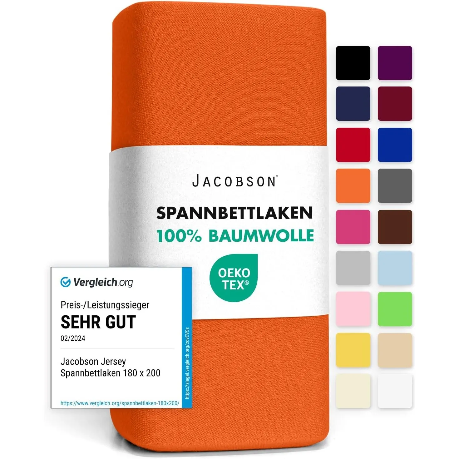 Jacobson Jersey Spannbettlaken Spannbetttuch Baumwolle Bettlaken (180x200-200x200 cm, Orange)