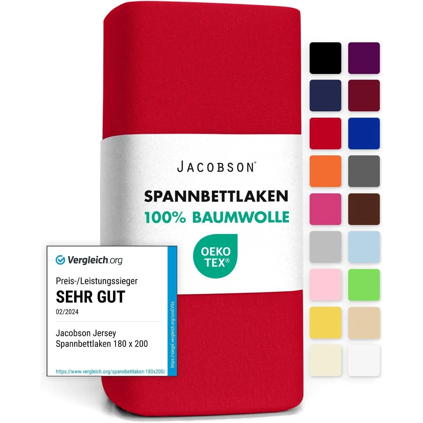 Jacobson Jersey Spannbettlaken Spannbetttuch Baumwolle Bettlaken (180x200-200x200 cm, Rot)