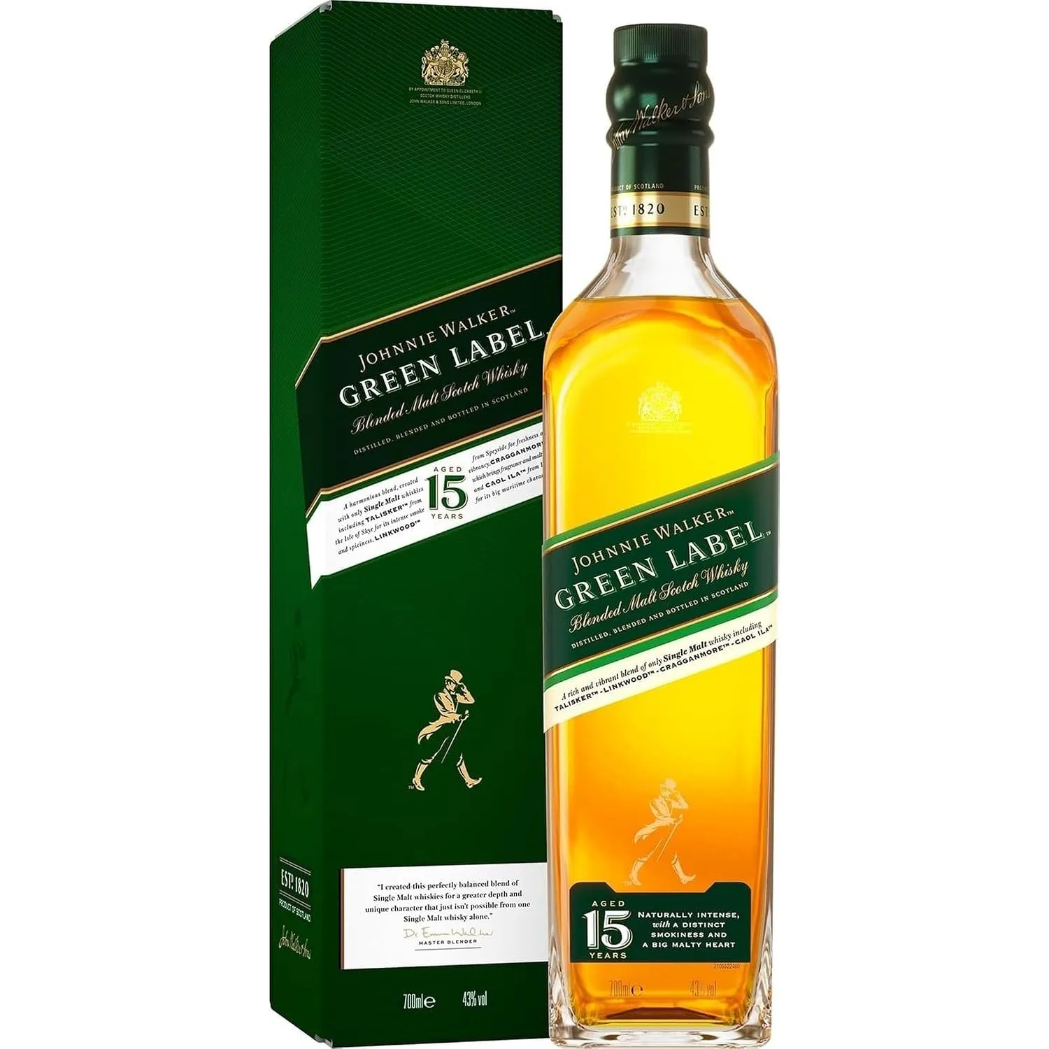 Johnnie Walker Green Label, Blended Scotch Whisky, in edler Geschenkverpackung, 43% Vol, 700ml Einzelflasche