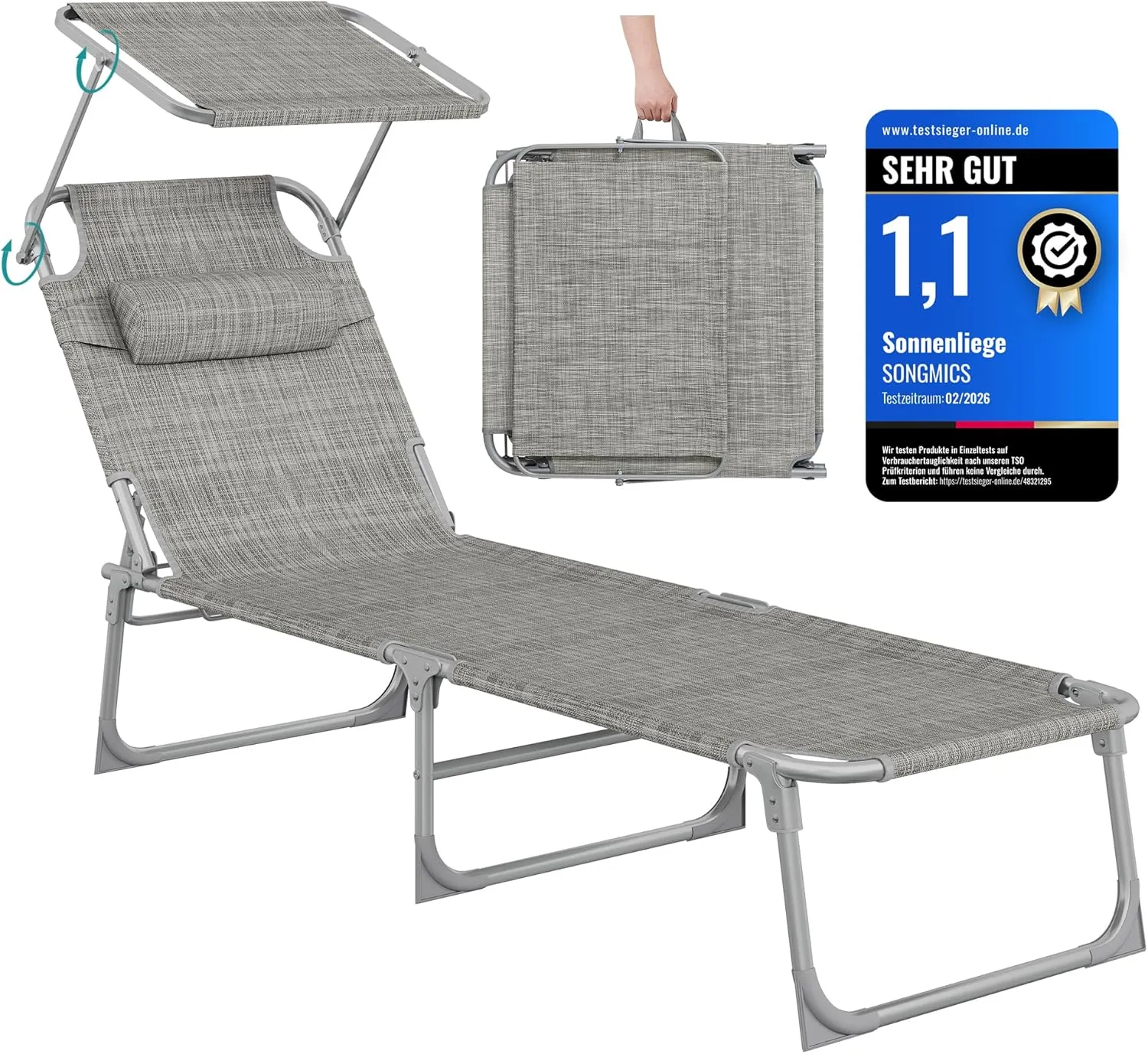 SONGMICS GCB19T Sun Lounger, Folding Deck Chair, 193 x 53 x 29 cm, 150 kg Load Capacity, Sun Protection, Headrest, Adju…