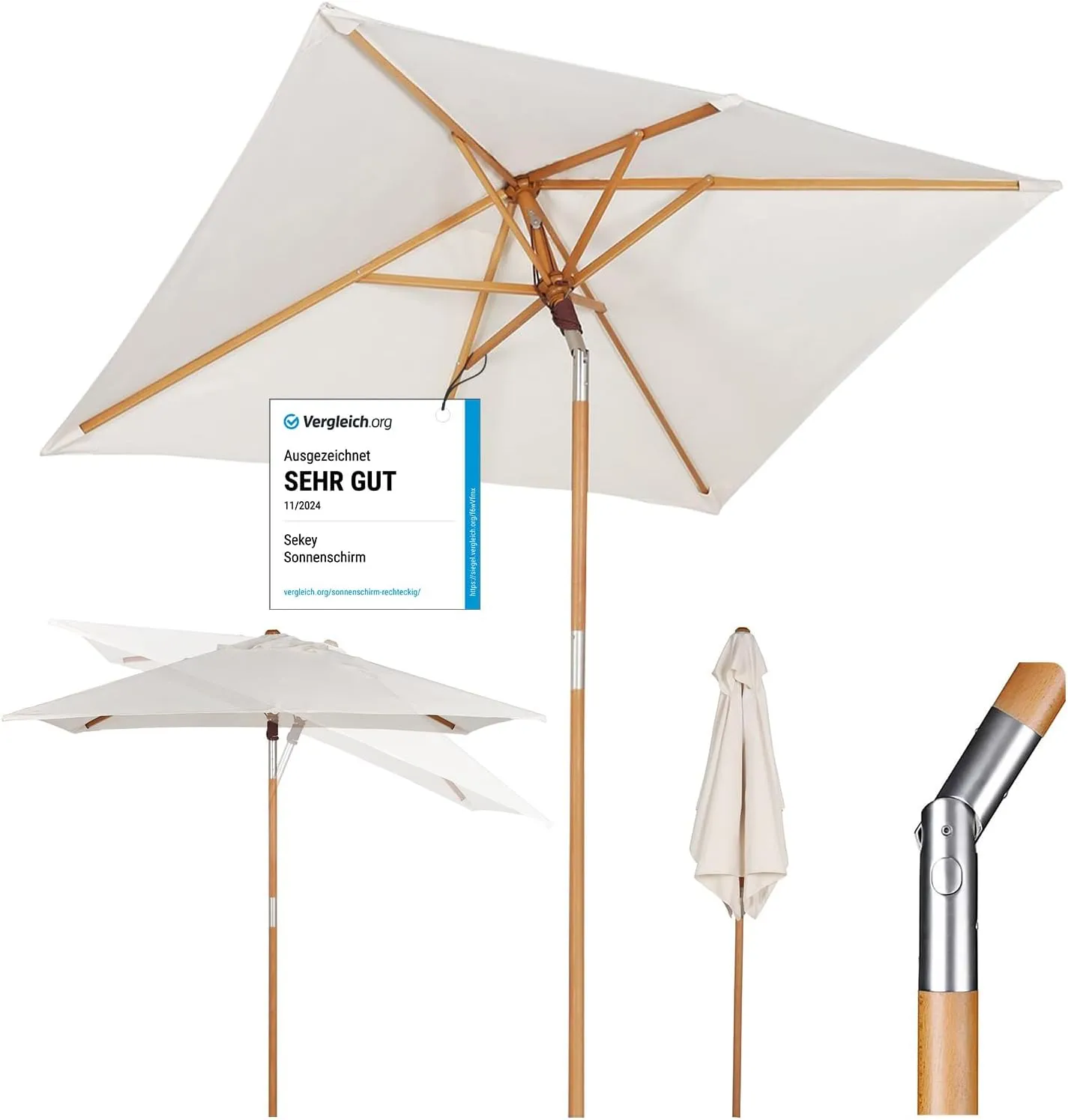Sekey Wooden Parasol, Market Parasol, Garden Parasol, Patio Parasol, Sun Protection UV 50+, Square, 200 x 150 cm, 200x1…