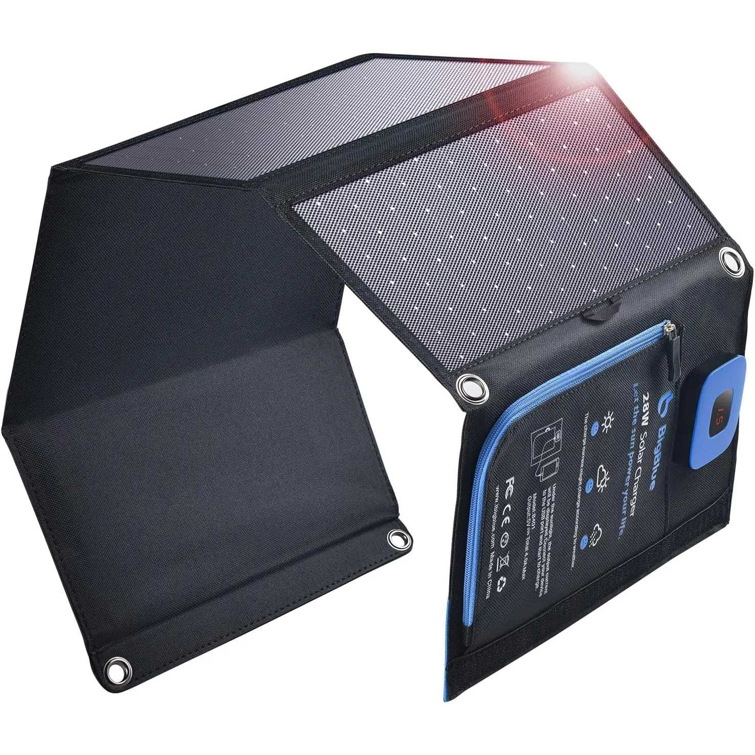 BigBlue 28W Tragbares Solar-Ladegerät mit 2 Ports (USB-C/USB-A), 5V/4A Gesamtausgang, IP44 Solarpanel mit Digital Amper…