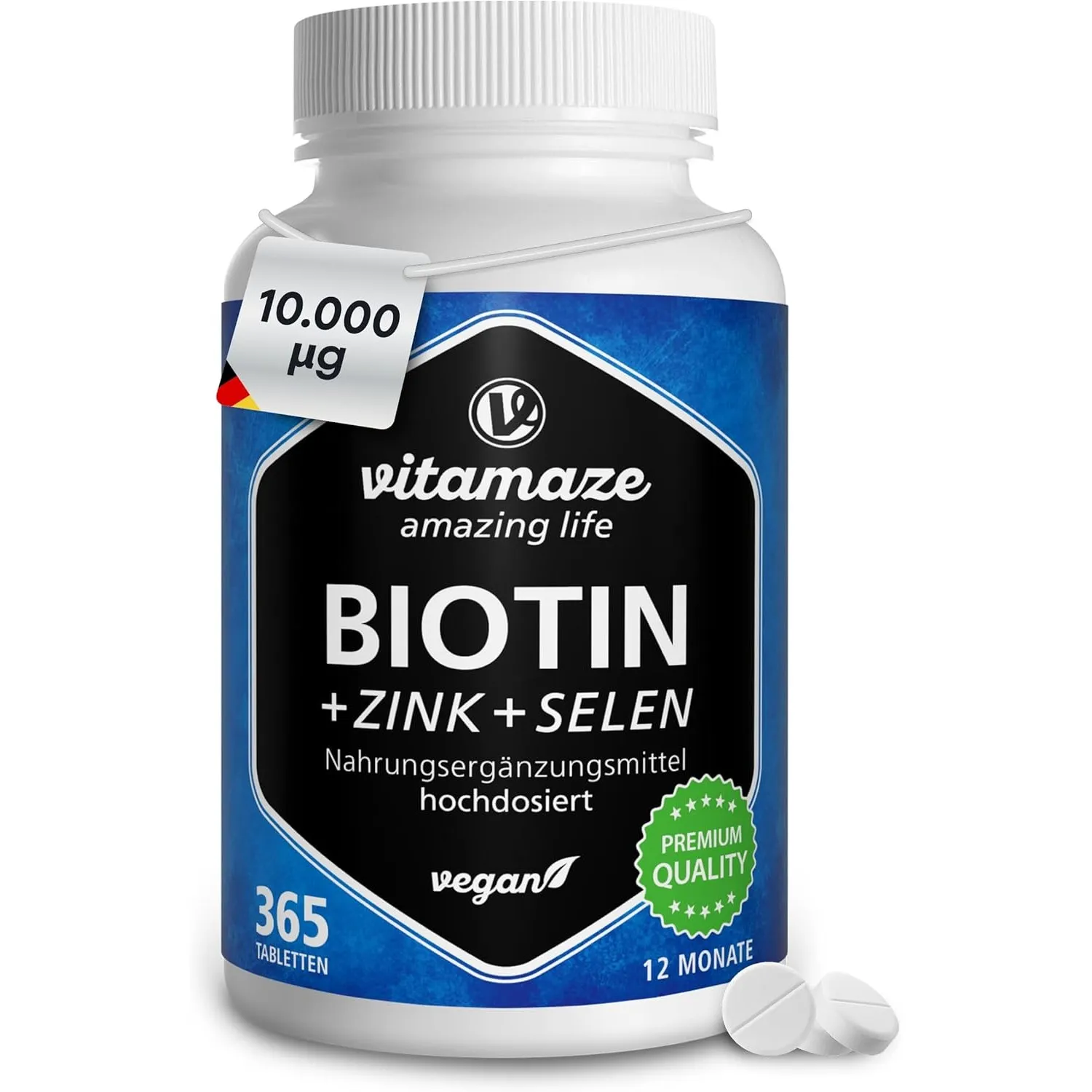 Vitamaze Biotin hochdosiert 10.000 mcg + Selen + Zink für Haare, Haut & Nägel, 365 vegane Tabletten für 1 Jahr, D-Bioti…
