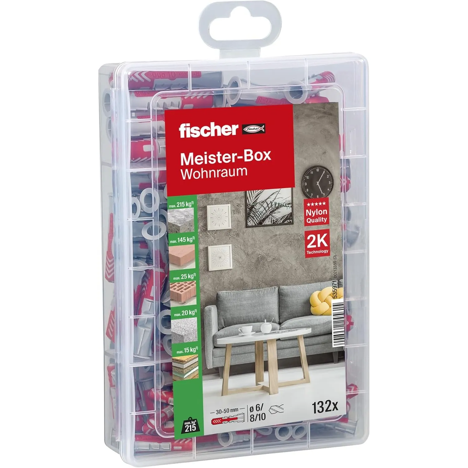 fischer Meister-Box Wohnraum, 132-teiliges Dübelset, 6-10 mm Durchmesser, für Heimwerker und Profis, universeller Einsa…