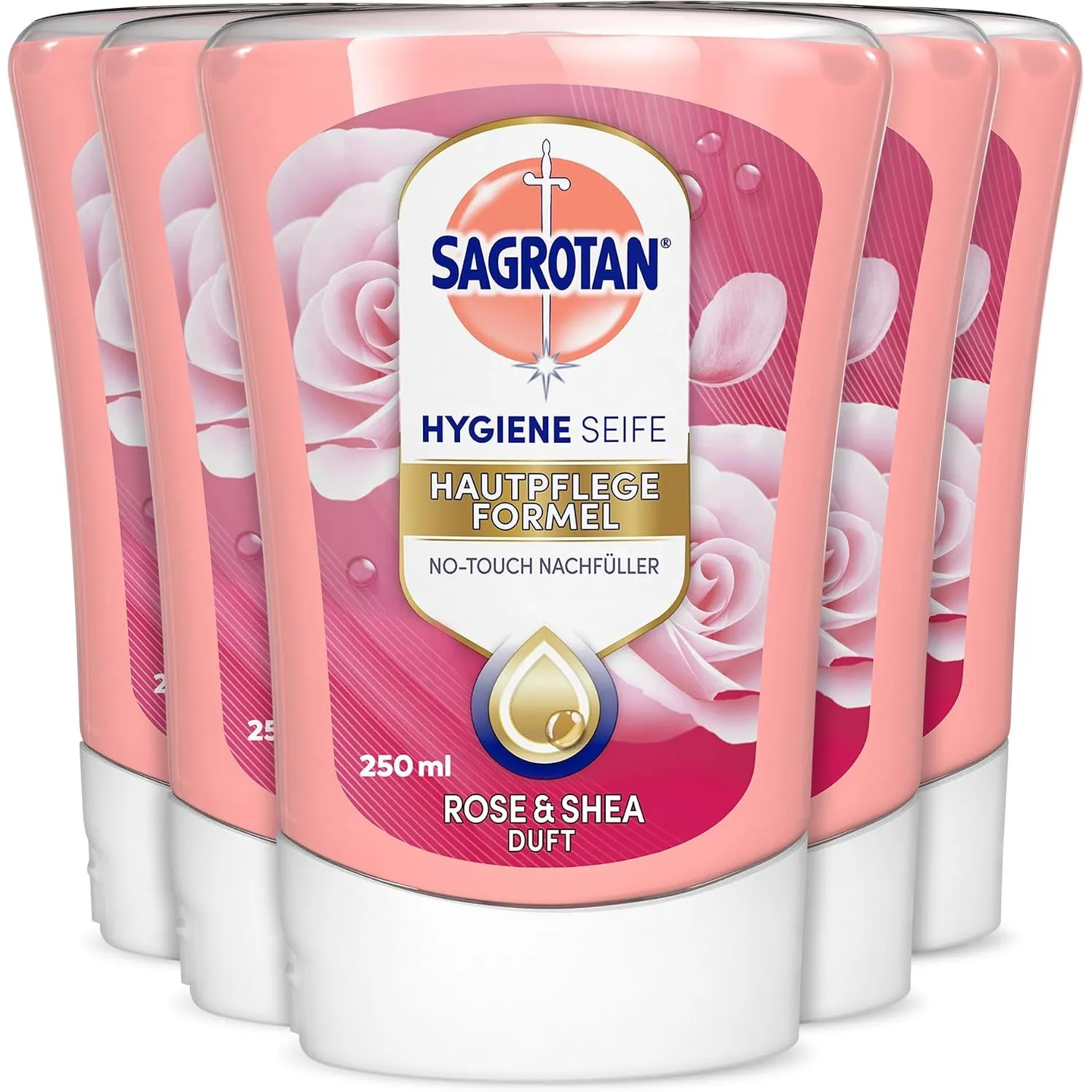 Sagrotan No-Touch Nachfüller Rose und Shea – Für den automatischen Seifenspender – 5 x 250 ml Handseife