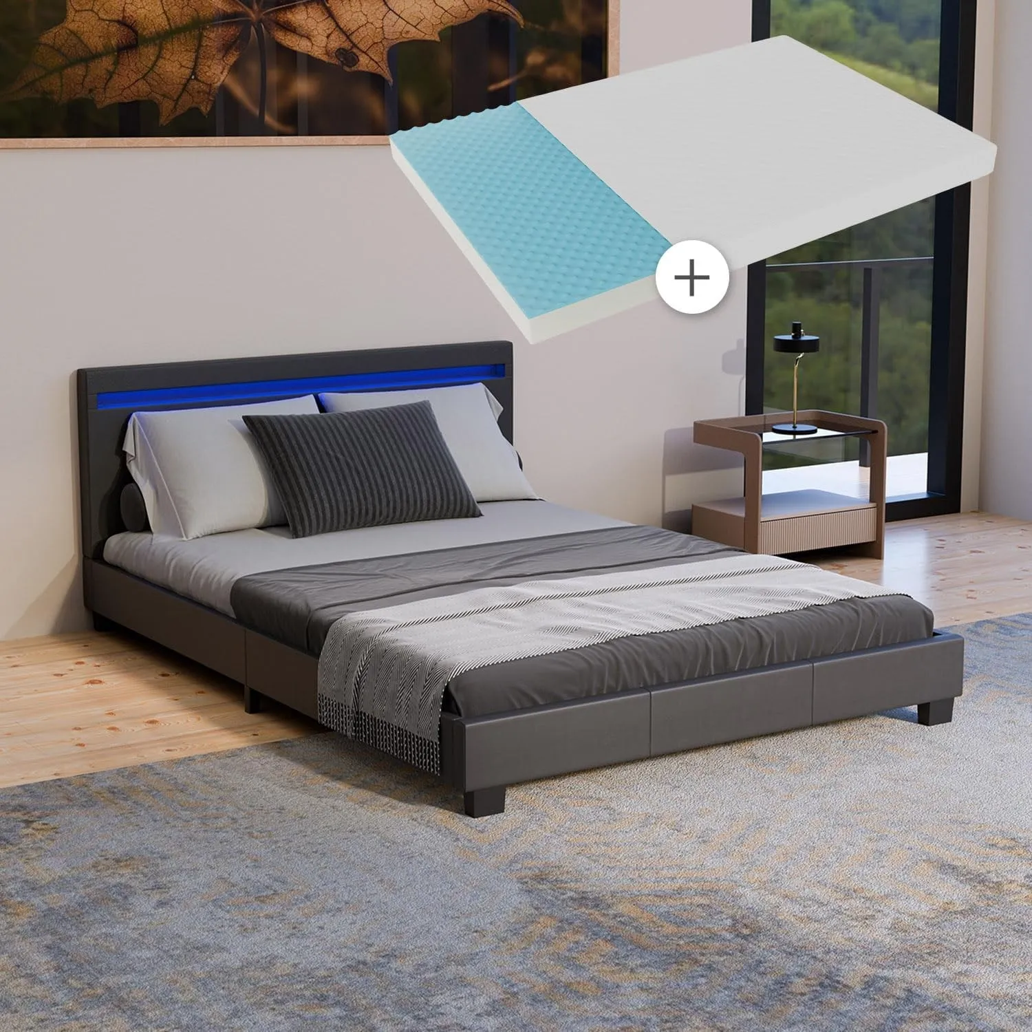 Juskys Polsterbett Paris 140x200 cm mit LED Beleuchtung, Matratze, Lattenrost & Kopfteil - Kunstleder & Holz - schwarz …