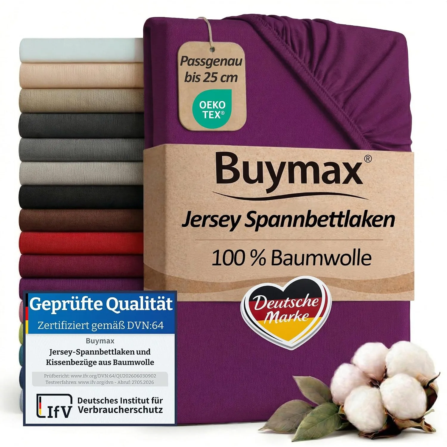 Buymax Spannbettlaken 160x200cm Baumwolle 100% Spannbetttuch Bettlaken Jersey, Matratzenhöhe bis 25 cm, Farbe Aubergine