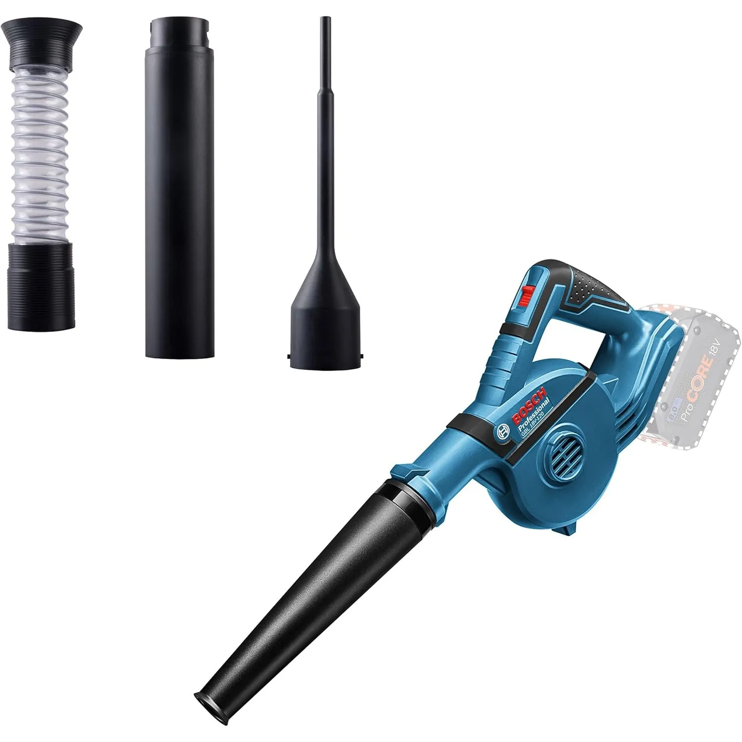 Bosch PRO 18V System Akku Gebläse GBL 18V-120 (inkl. 4x Aufsätze, Standarddüse, Verlängerungsrohr, Bohrlochdüse, Stauba…