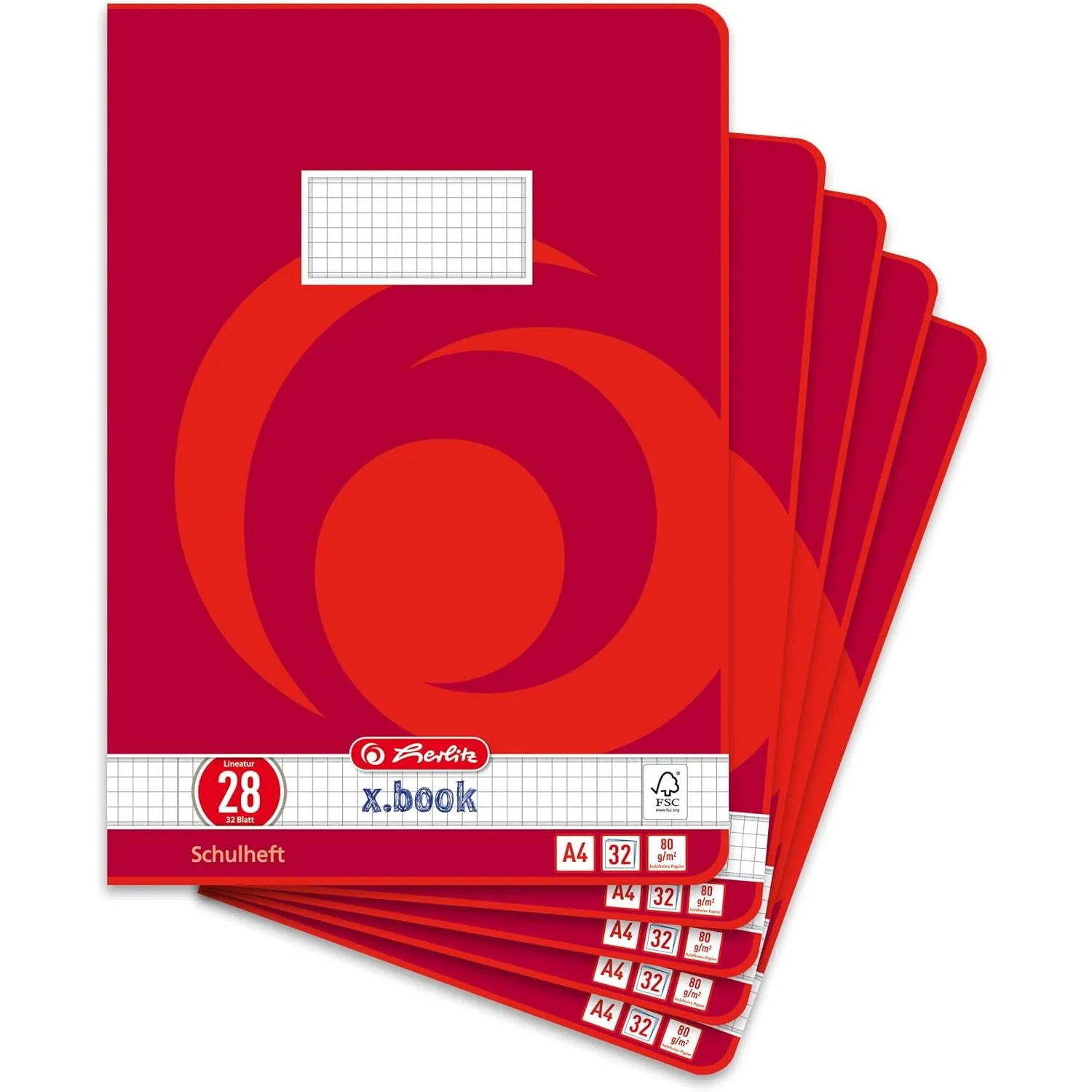 herlitz Schulheft A4, 32 Blatt, Lineatur 28, kariert mit Doppelrand, 5 Stück