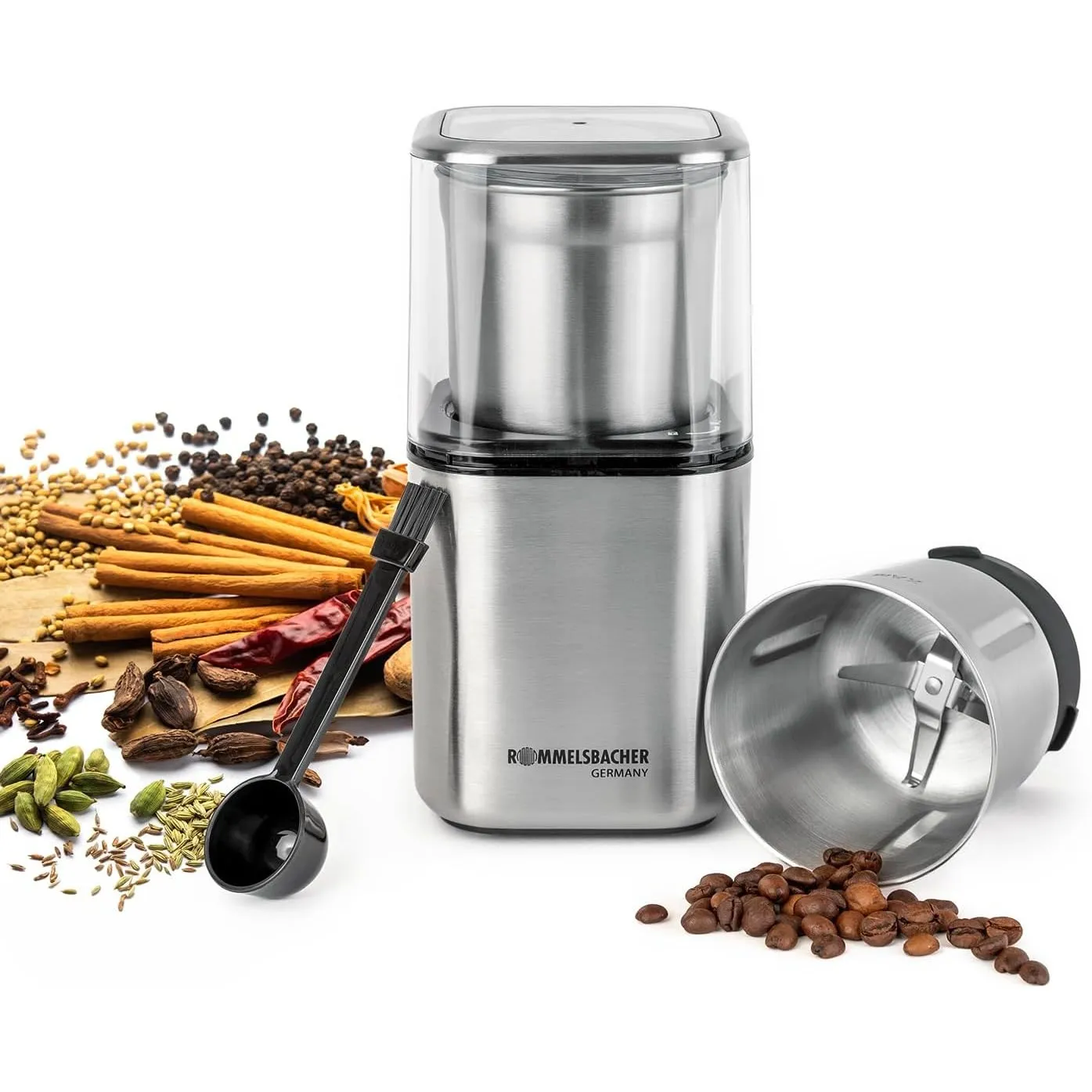ROMMELSBACHER Gewürz und Kaffee Mühle EGK 200, 2 Edelstahlbehälter mit Schlagmesser & Spezialmesser, Füllmenge 70 g, Ma…