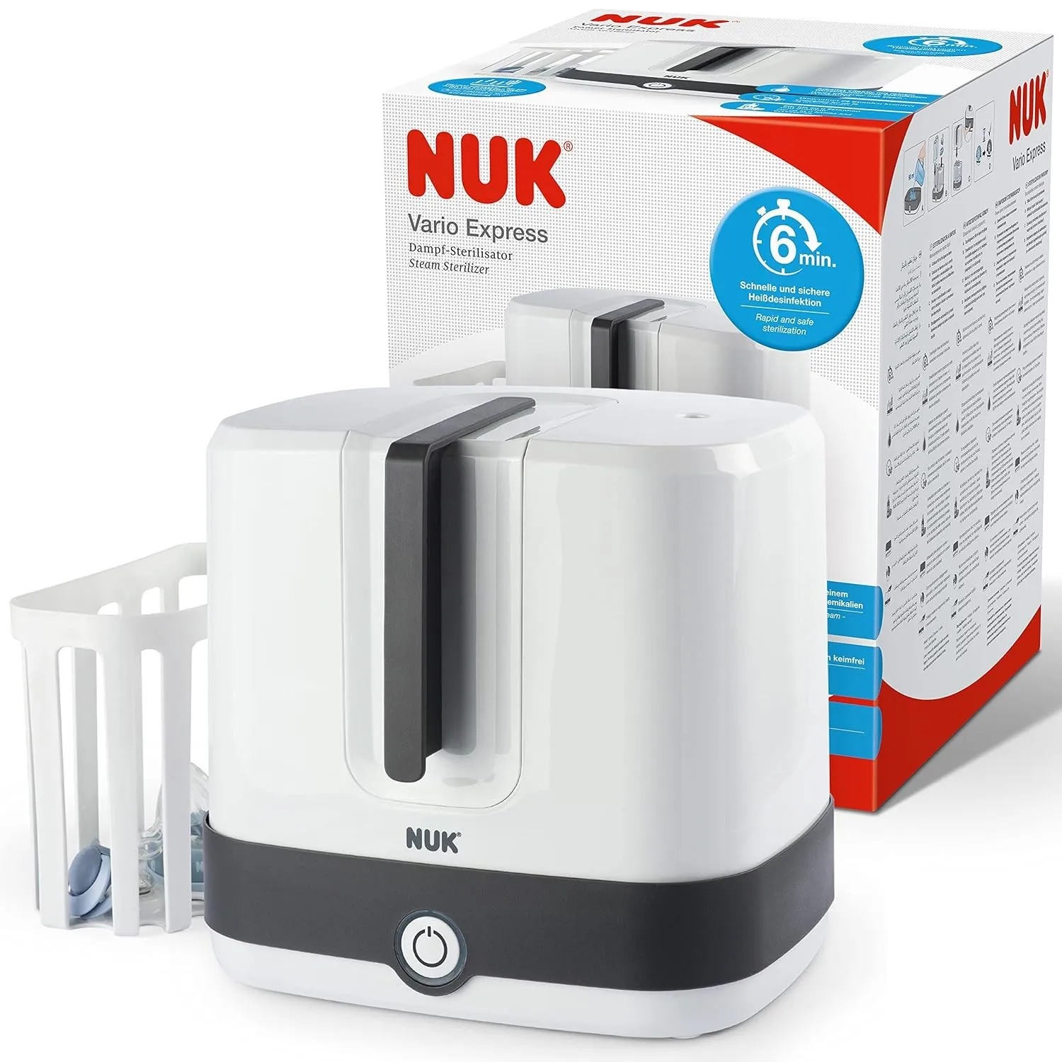 NUK Vario Express Flaschensterilisator | sterilisiert bis zu 6 Babyflaschen plus Zubehör in 6 Minuten auf Wasserdampfba…