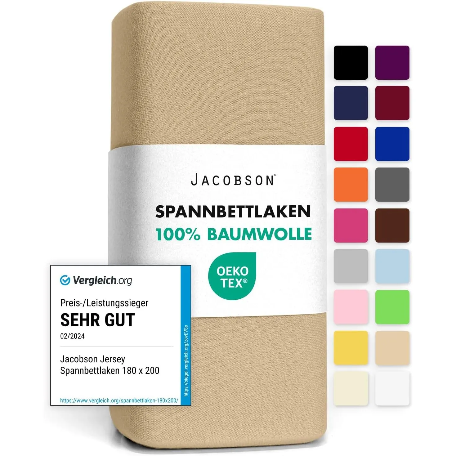 Jacobson Jersey Spannbettlaken Spannbetttuch Baumwolle Bettlaken (180x200-200x200 cm, Beige)