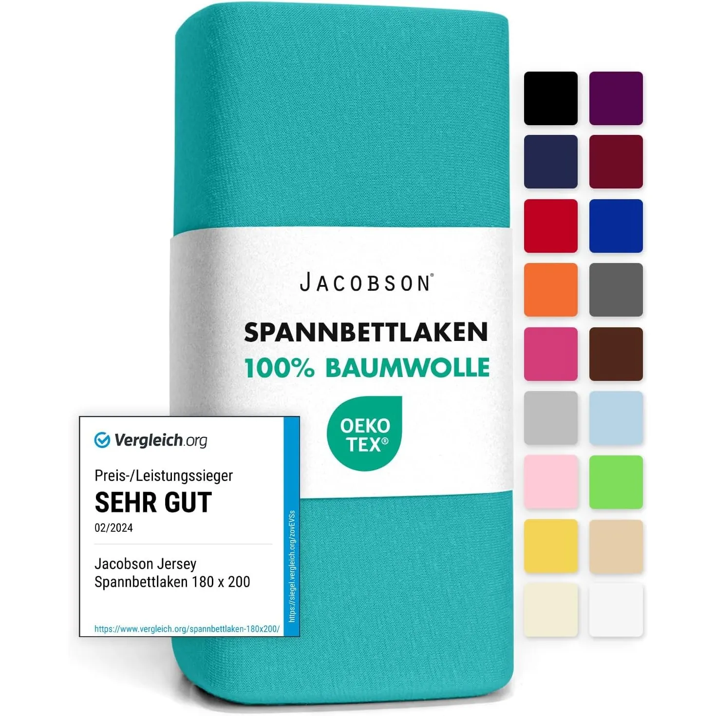Jacobson Jersey Spannbettlaken Spannbetttuch Baumwolle Bettlaken (140x200-160x200 cm, Türkis)