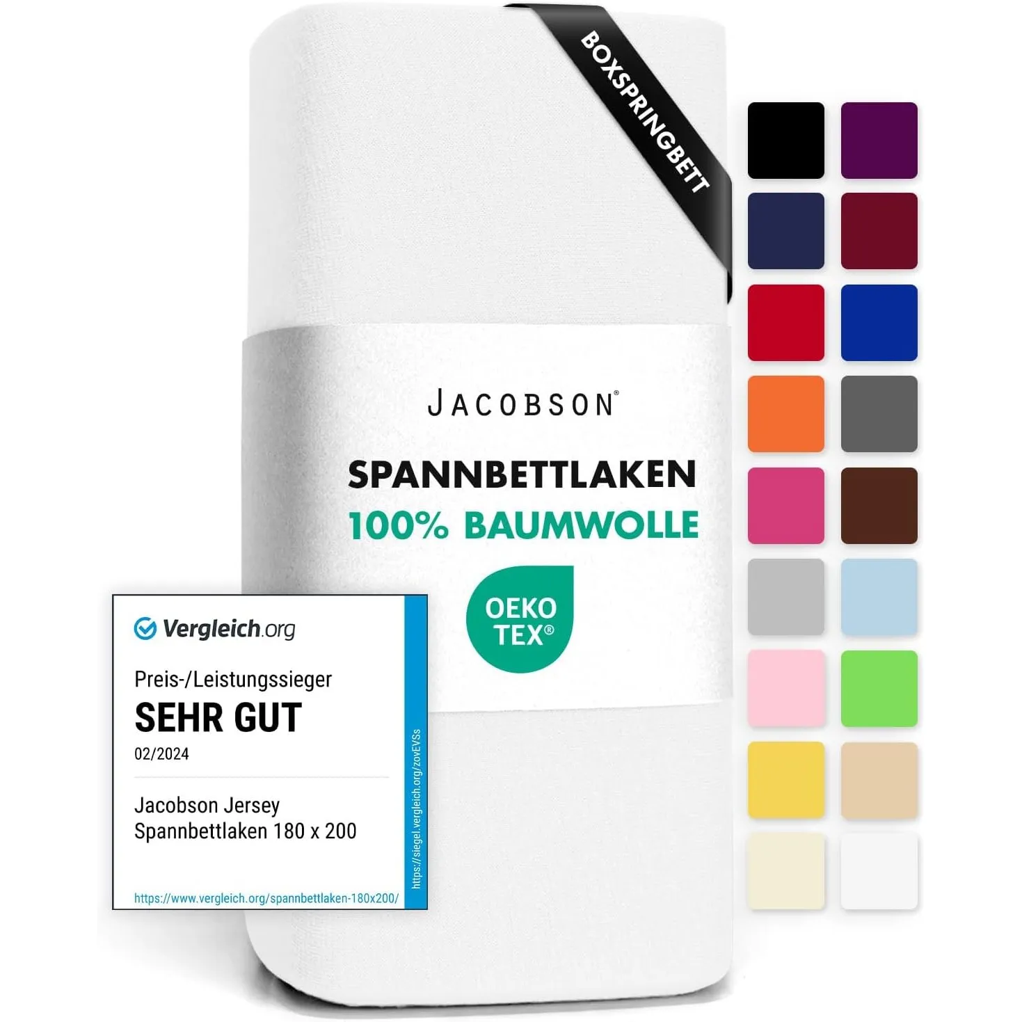 Jacobson Jersey Spannbettlaken Spannbetttuch Baumwolle Bettlaken (180x200-200x220 cm, Weiss)