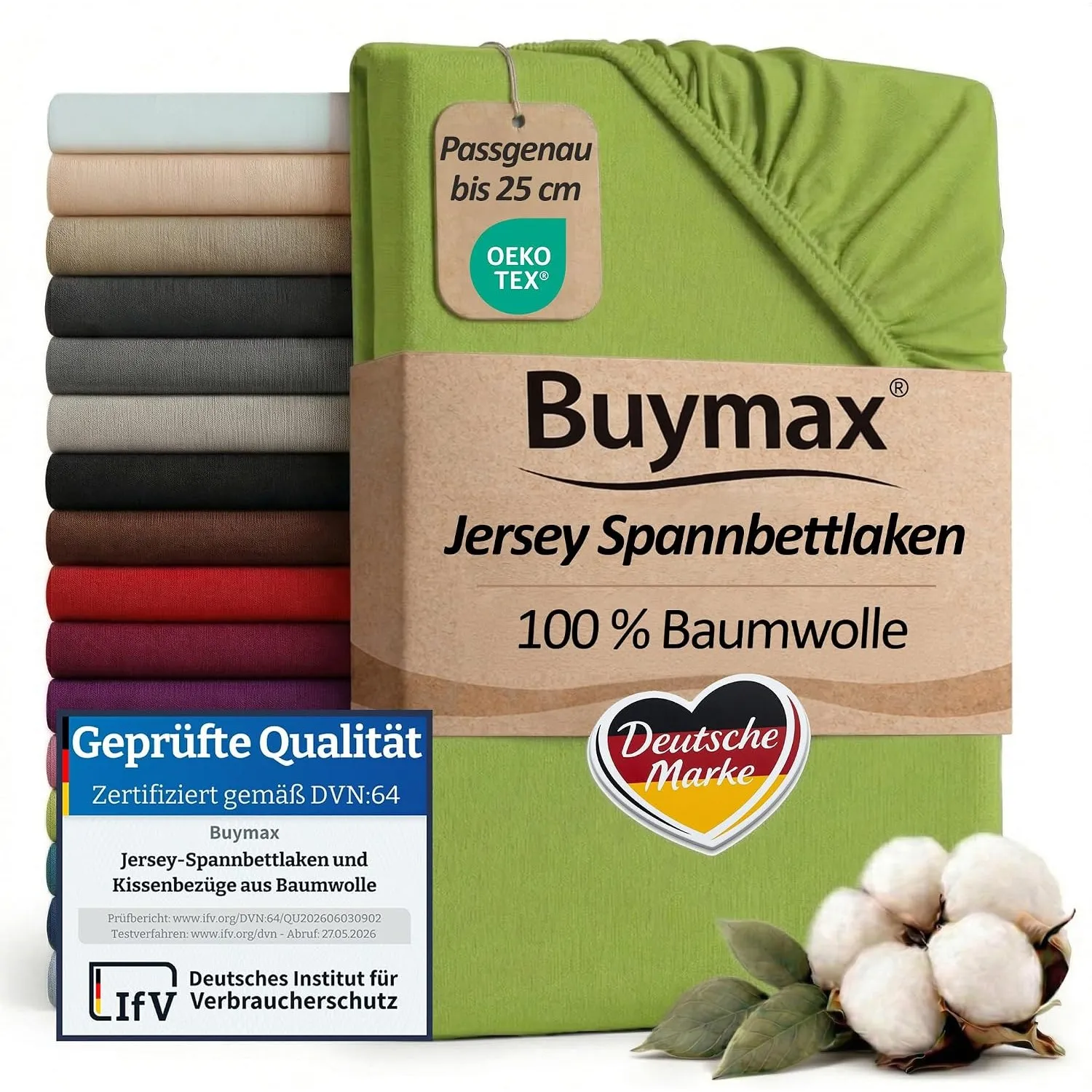 Buymax Spannbettlaken 100x200cm Baumwolle 100% Spannbetttuch Bettlaken Jersey, Matratzenhöhe bis 25 cm, Farbe Apfelgrün