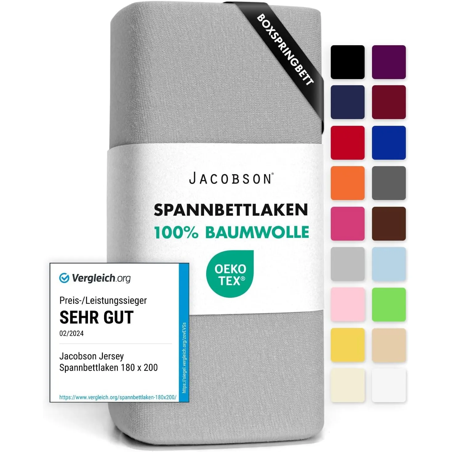 Jacobson Jersey Spannbettlaken Spannbetttuch Baumwolle Bettlaken (180x200-200x220 cm, Grau)