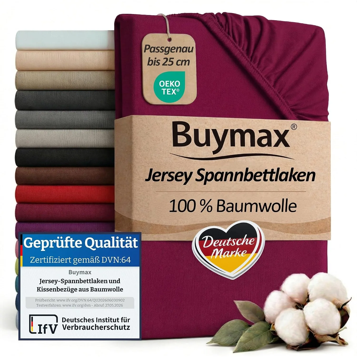 Buymax Spannbettlaken 200x200cm Baumwolle 100% Spannbetttuch Bettlaken Jersey, Matratzenhöhe bis 25 cm, Farbe Bordeaux