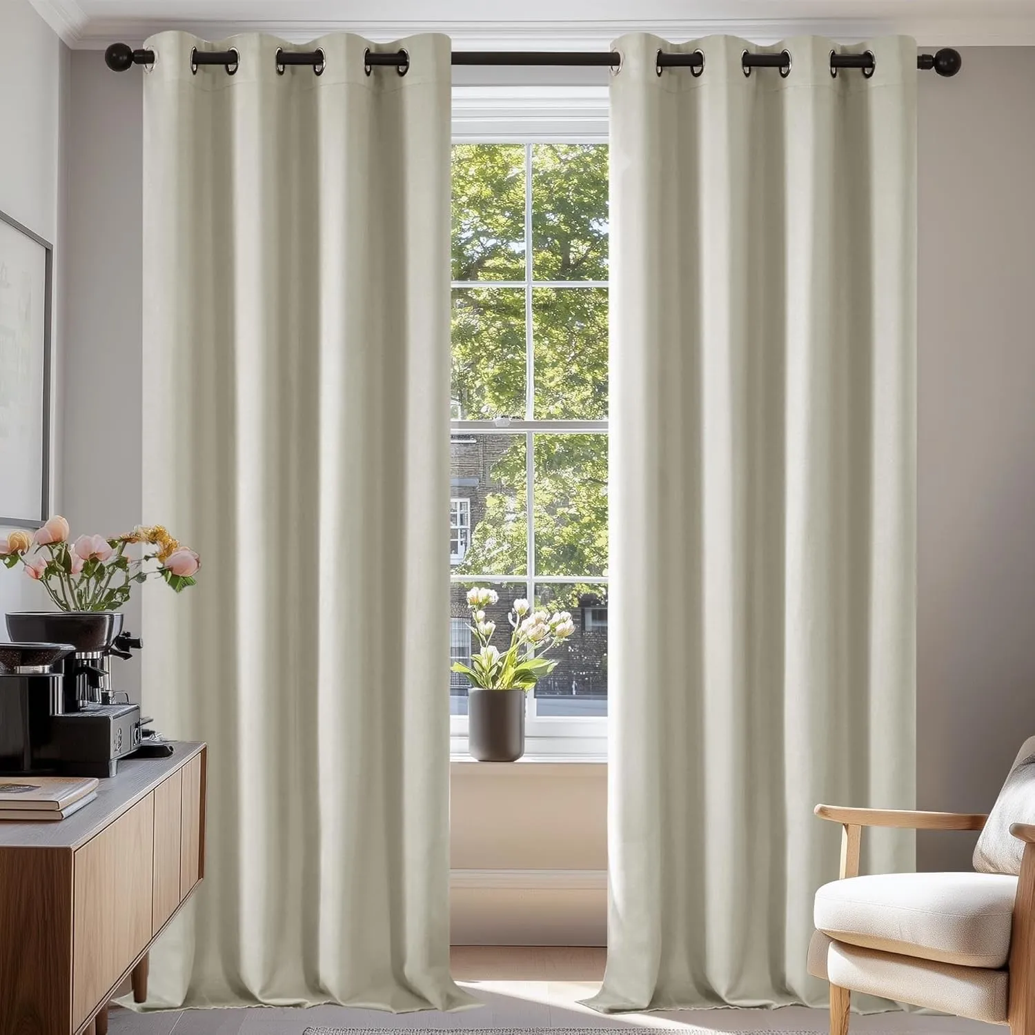 Deconovo Gardinen mit ösen Wohnzimmer Blickdicht 2er Set H 180 x B 140 cm Hellbeige, Schallschutz Verduklungsvorhang