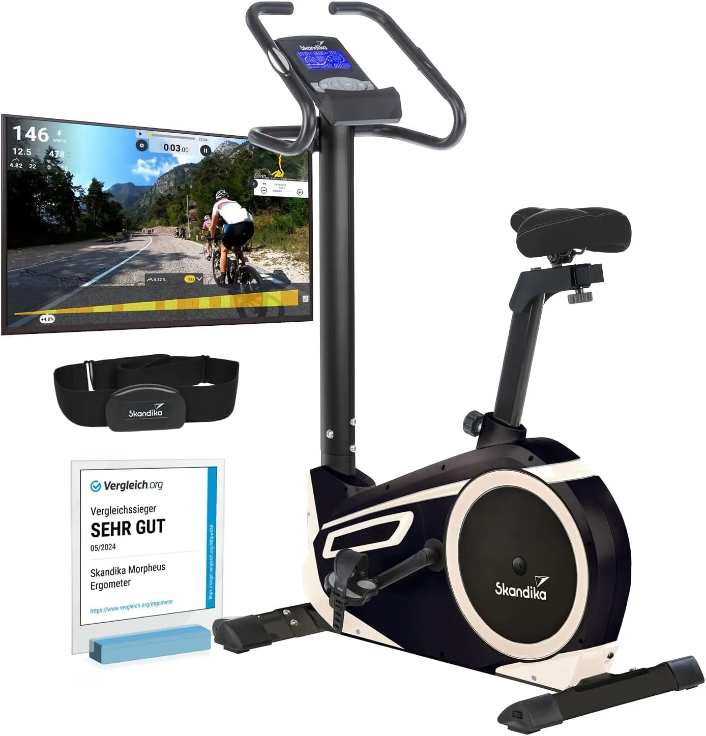 Skandika Ergometer Morpheus | Heimtrainer für Zuhause, 12 kg Schwungmassensystem, 32 Levels, 24 Programme, App Kompatibel mit Kinomap, Pulsgurt, Tablethalterung | Indoor Fahrrad bis 150 kg