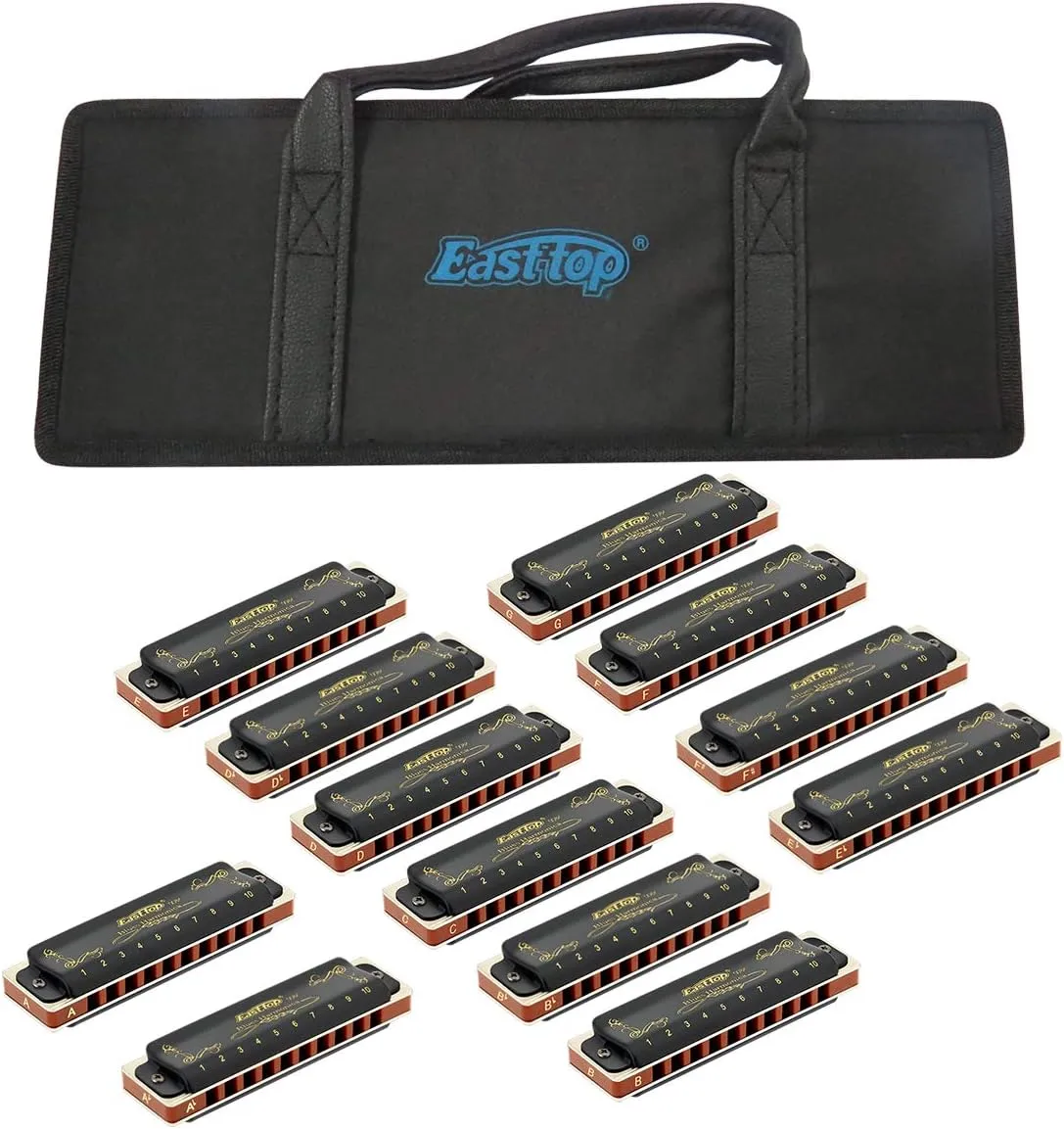 East Top Mundharmonikaset mit 12 Tasten,10 Hole T008K Professional Diatonic Blues Harmonica Mundharmonikaset mit allen …