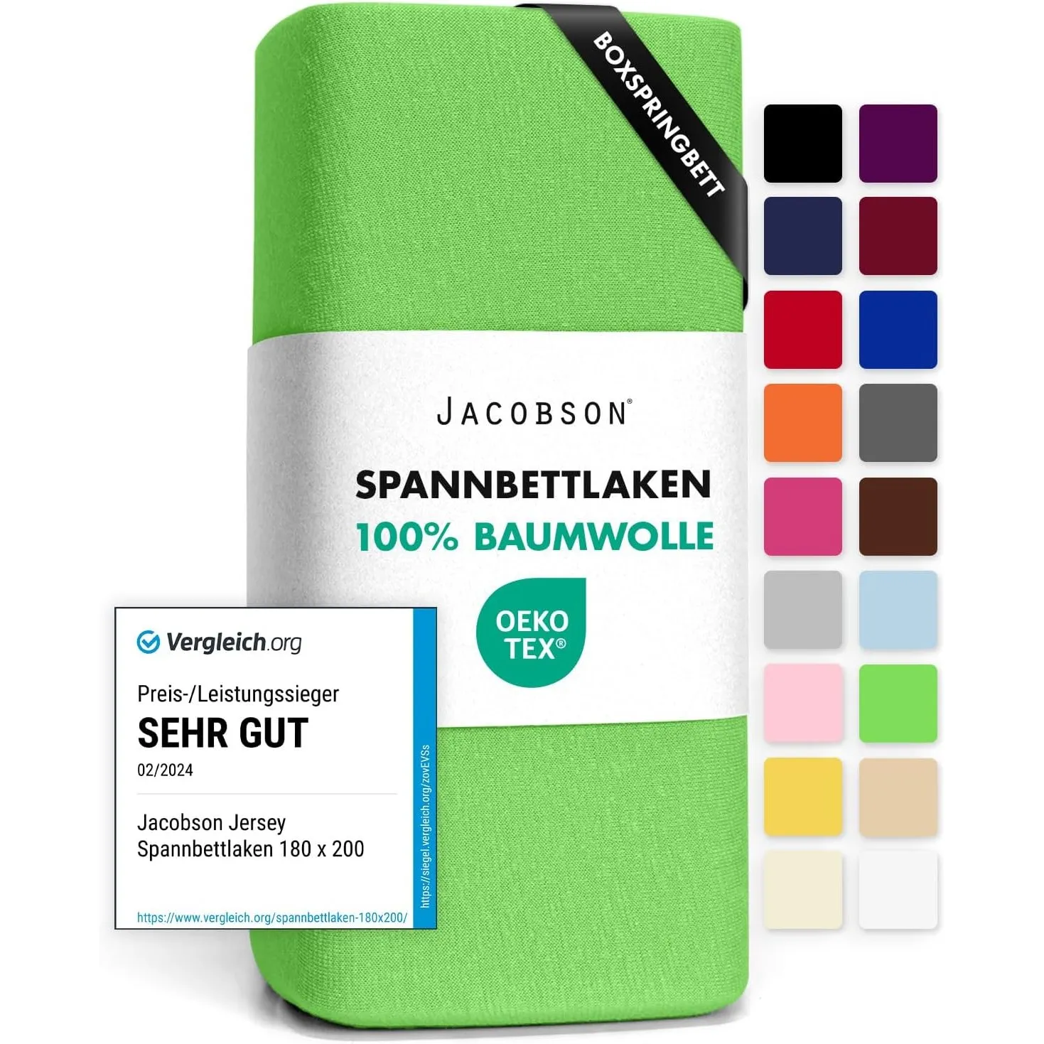 Jacobson Jersey Spannbettlaken Spannbetttuch Baumwolle Bettlaken (180x200-200x220 cm, Apfelgrün)