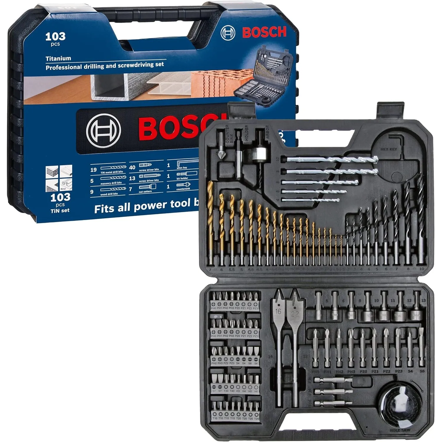 Bosch Professional 103tlg. Bohrer- und Bit Set Titanium Box (für Holz, Stein und Metall, Zubehör Bohr- und Schraubwerkz…