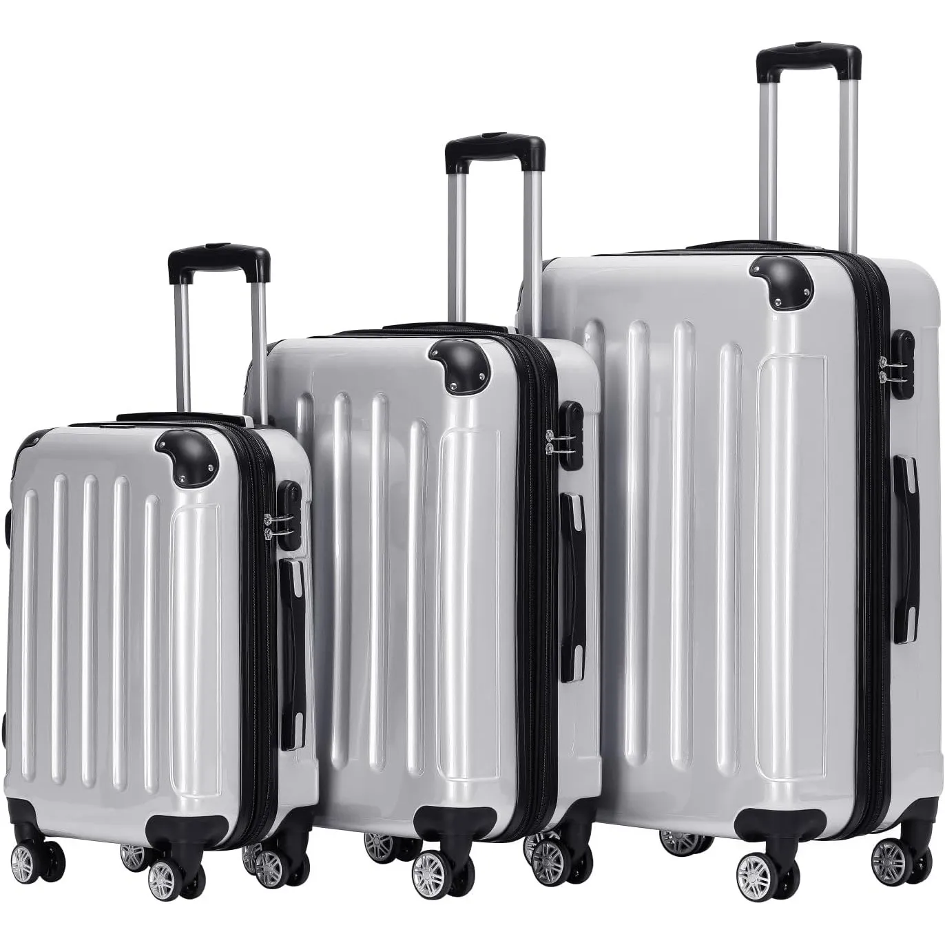 BEIBYE- 3er Kofferset Hartschalen-Koffer Reisekoffer Trolley Rollkoffer Set Reisekofferset (Silber)