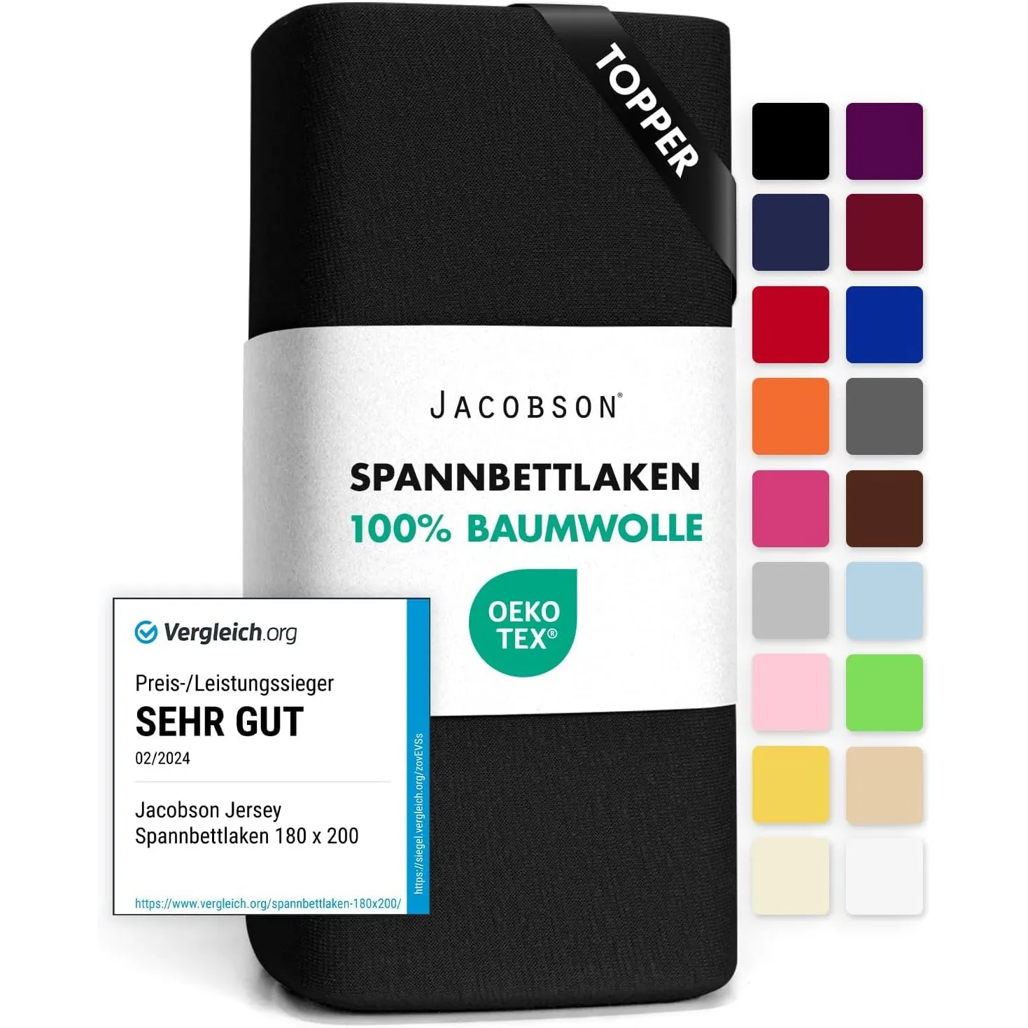 Jacobson Jersey Spannbettlaken Spannbetttuch Baumwolle Bettlaken (Topper 180-200x200 cm, Schwarz)