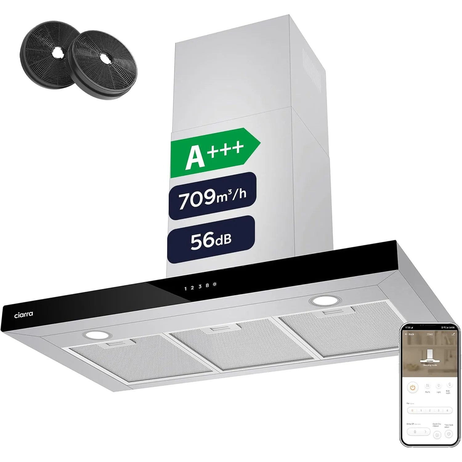 CIARRA CBCS9102 A+++ Dunstabzugshaube 90cm Umluft 650m³/h mit CBCF003 Aktivkohlefilter Touch-Bedienung 4 Stufen Inkl. B…