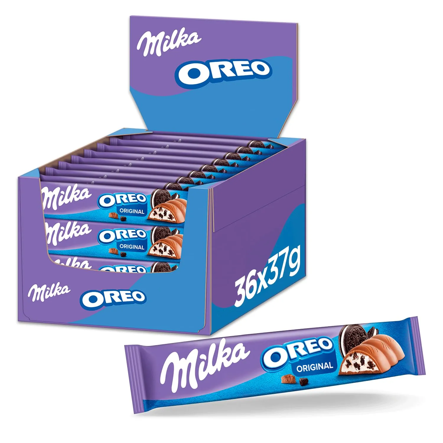 Milka Schokoriegel – Alpenmilch-Schokolade mit Kakaokeks-Stücken und feiner Milchcrèmefüllung – 36 x 37g