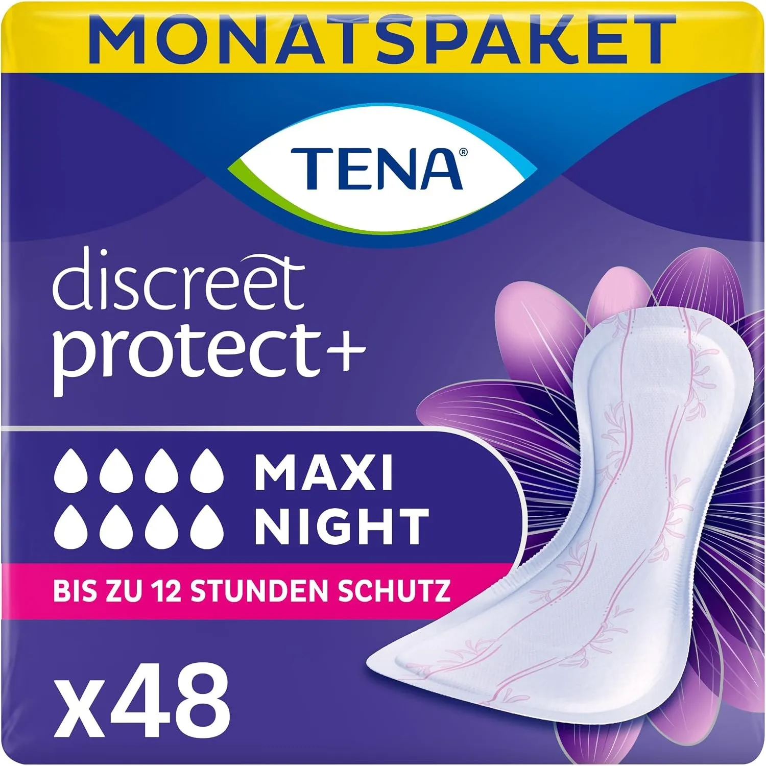 TENA Discreet Maxi Night - 48 Einlagen im Monatspaket (8 x 6 Stück), einzeln verpackt - Hygieneeinlagen für Frauen - be…
