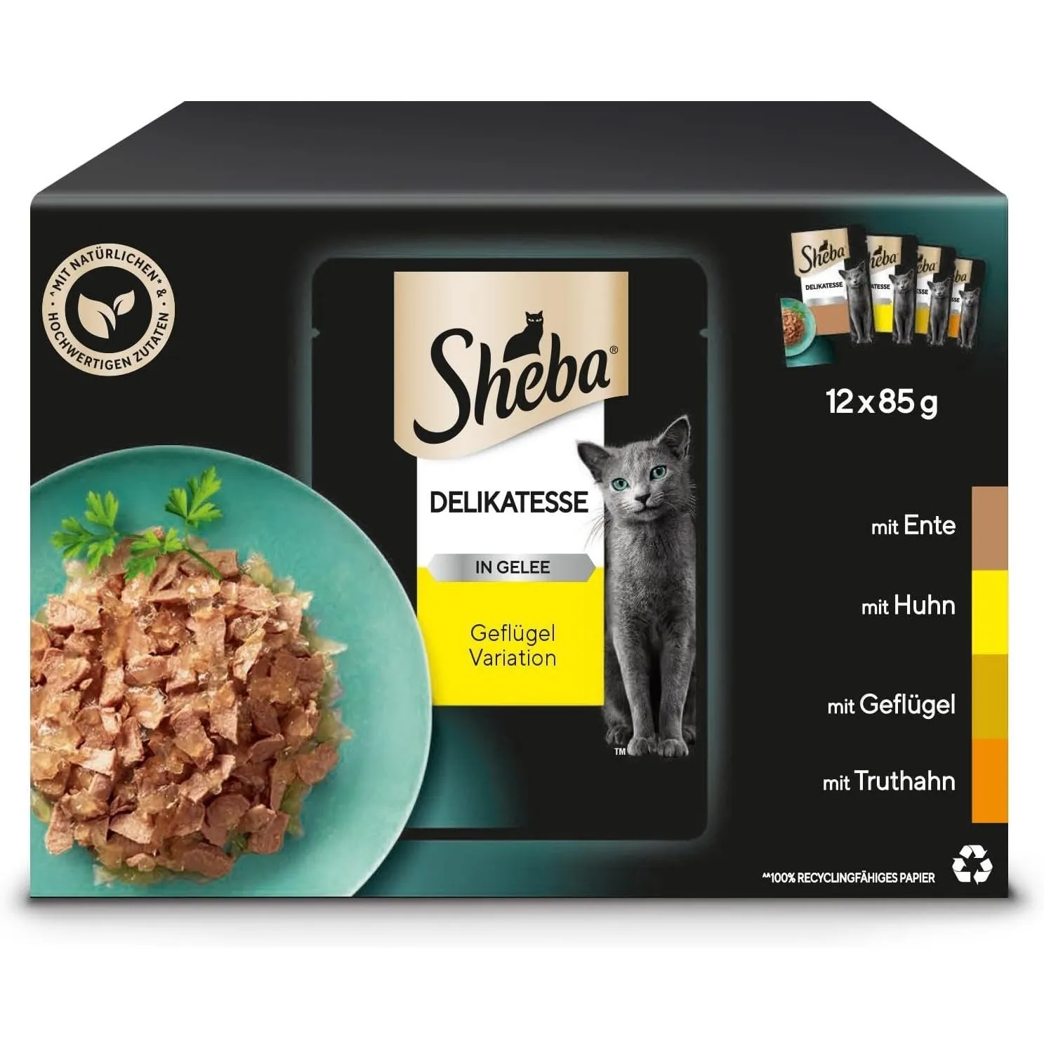 SHEBA Katzenfutter nass - 48x85g Portionsbeutel - Geflügel Variation in Gelee - Nassfutter für Katzen - 1 Großpackung