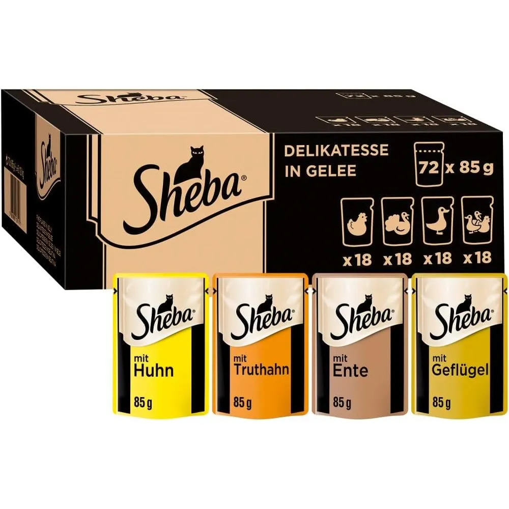 SHEBA Katzenfutter nass - 72x85g Portionsbeutel - Geflügel Variation in Gelee - Nassfutter für Katzen - 1 Großpackung