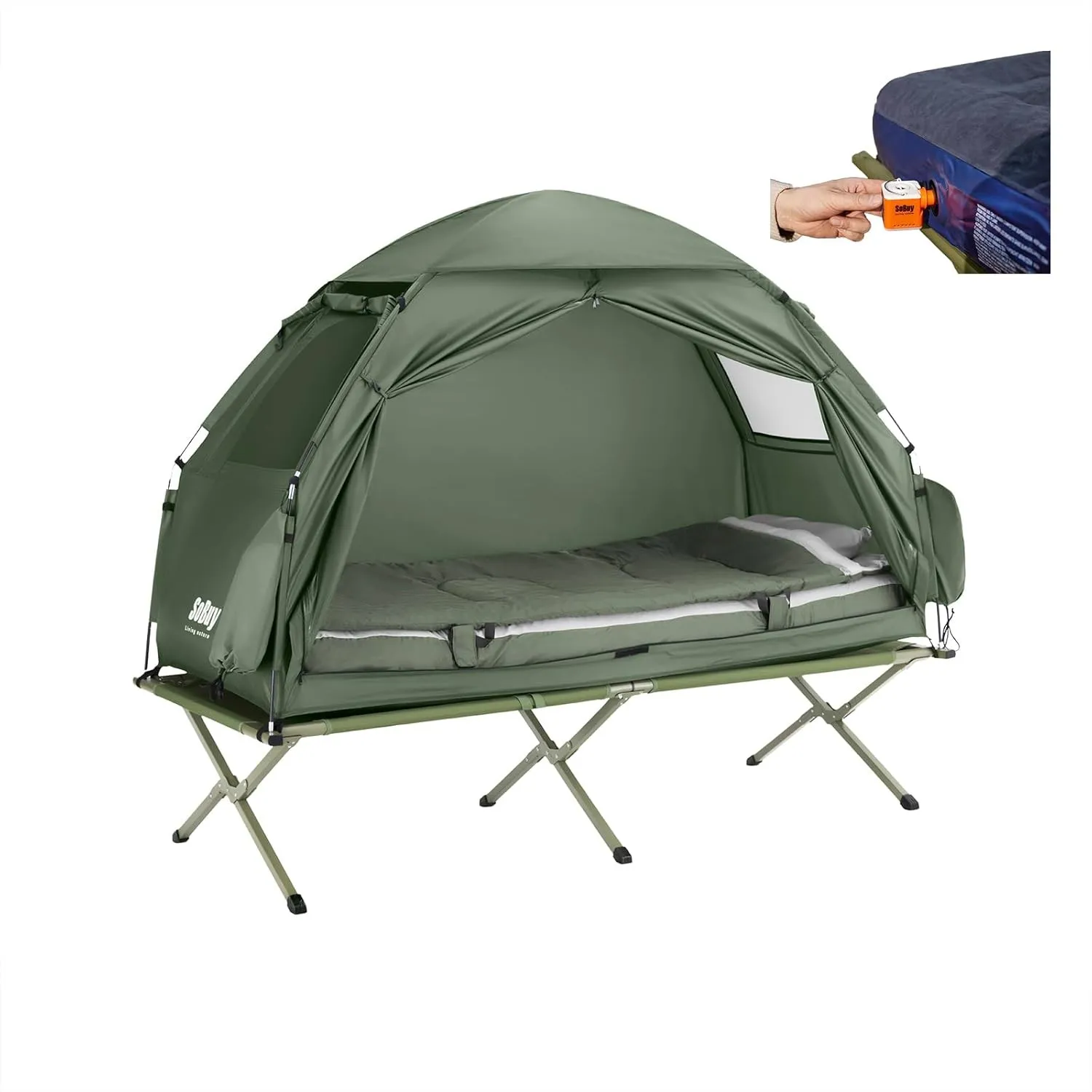 SoBuy Feldbett mit Zelt 7in1 Wurfzelt mit Luftpumpe, Rolltasche, Schlafsack, Wasserdichtes Campingbett Outdoor Campingl…