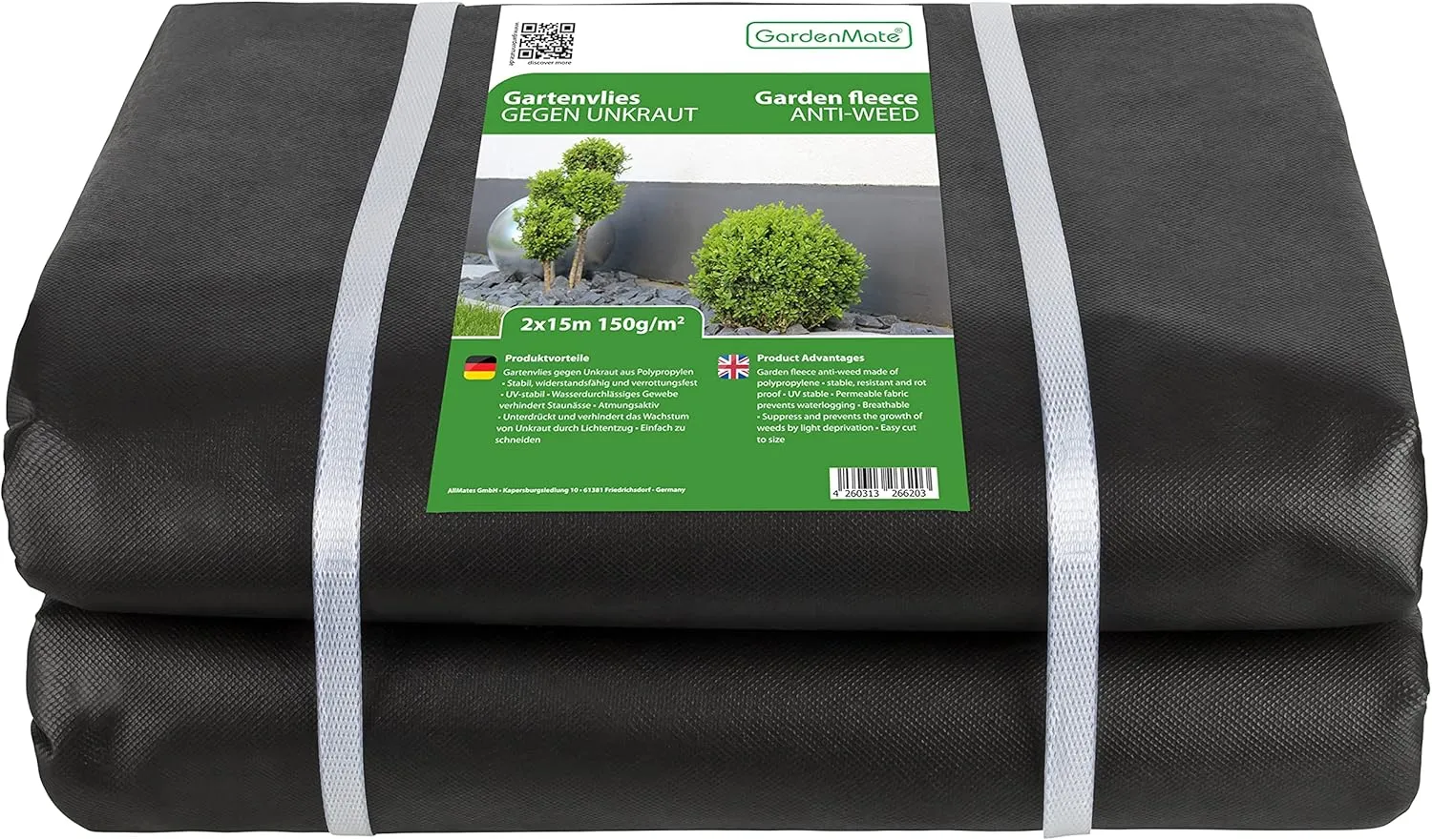 GardenMate 30m² Unkrautvlies Gartenvlies Plane 2mx15m - 150g/m² Premium Unkrautfolie wasserdurchlässig - Extrem Reißfestes Flies Gartenflies Gartenfolie Beetfolie Pflanzfolie - Hohe UV-Stabilisierung