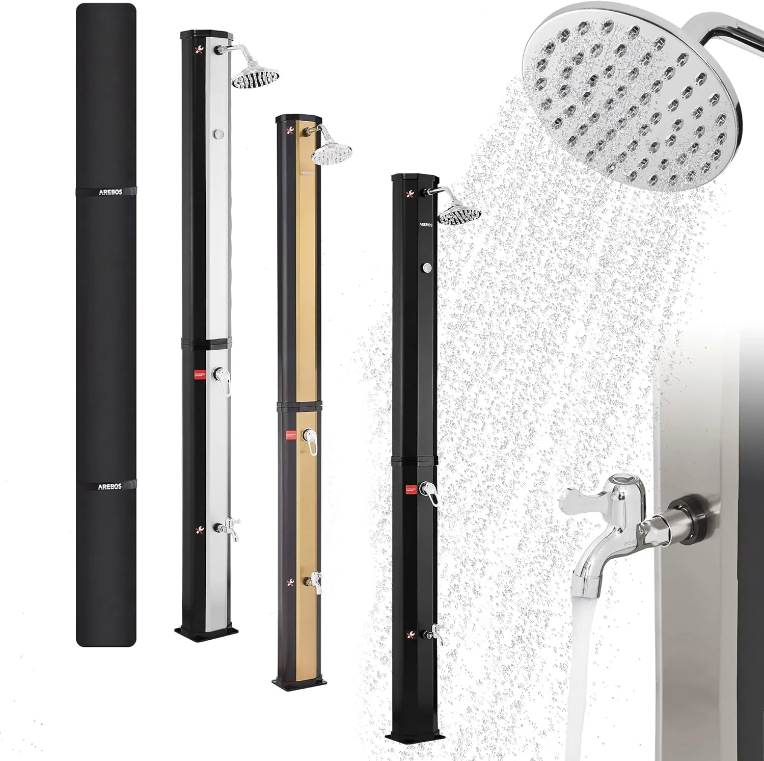 Arebos Solar Shower, 35 Litres, 216 cm, with Integrated Thermometer, Includes Cover, Round Shower Head, with Foot Showe…
