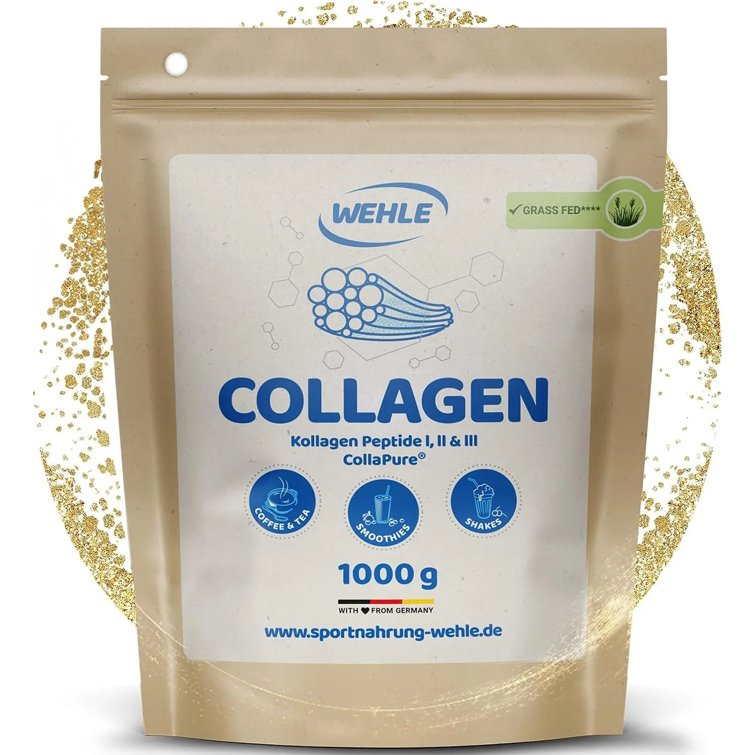 Wehle Collagen Pulver – 1000g Peptide Typ 1, 2 & 3, Kollagen Hydrolysat