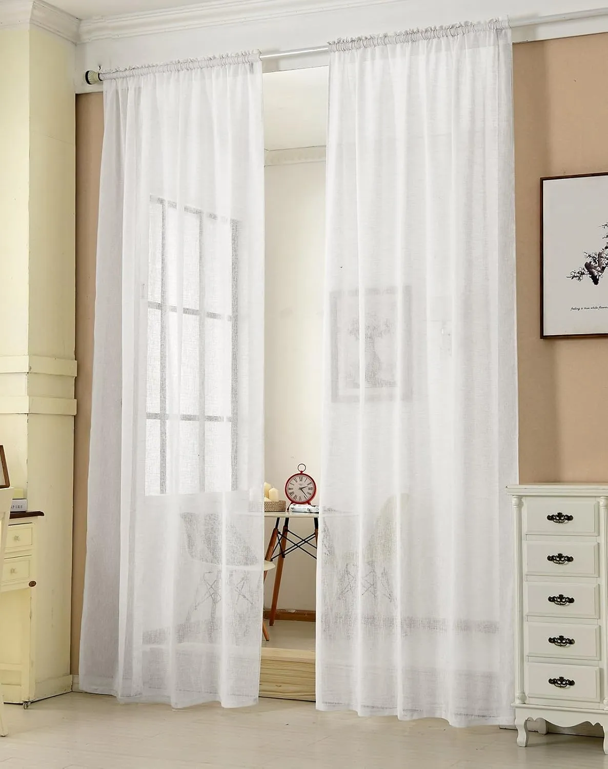 WOLTU Gardinen transparent mit Kräuselband 2er Set Vorhänge Leinenoptik Halbtransparent Voile Leinenvorhang Stores Fensterschal Dekoschal für Wohnzimmer Kinderzimmer Schlafzimmer, 140x225cm Weiß
