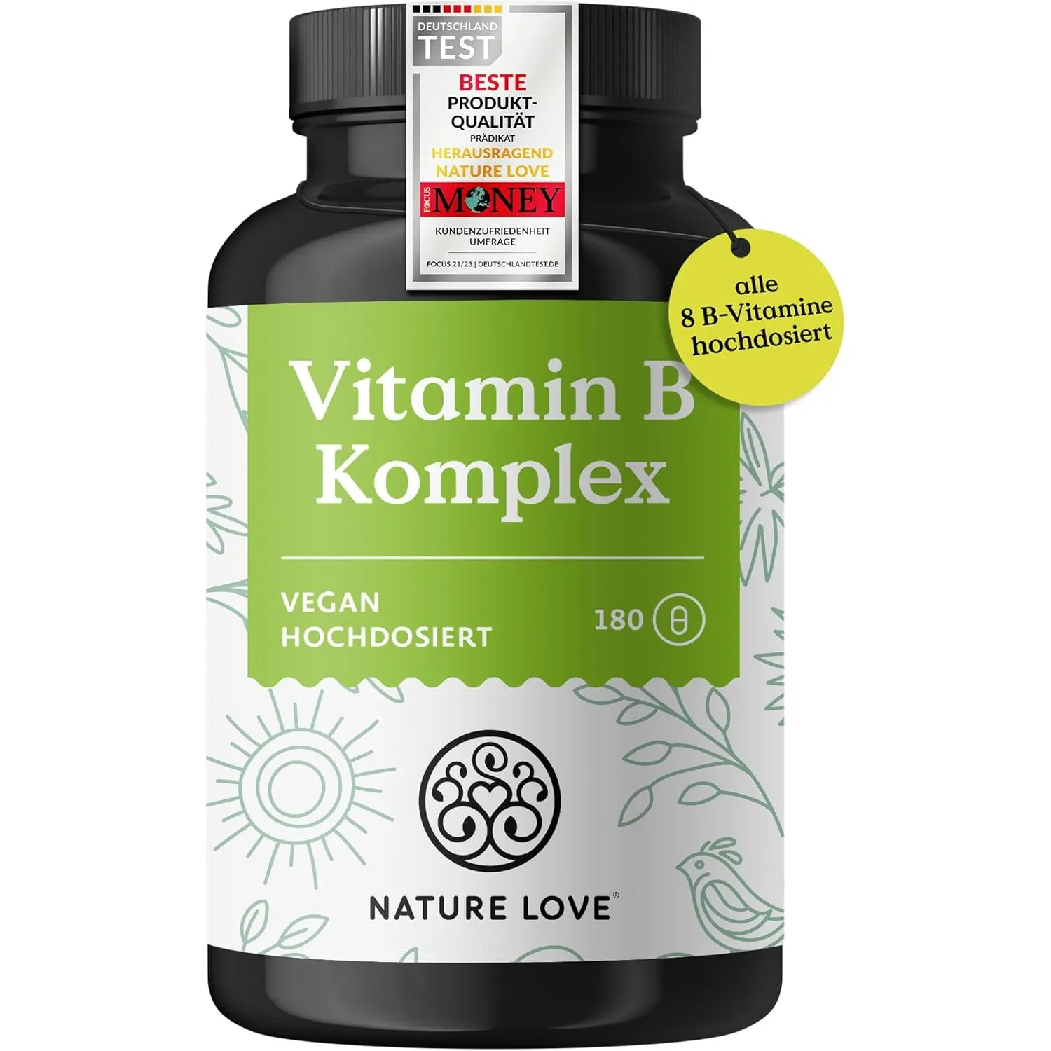 NATURE LOVE® Vitamin B Komplex – Hochdosiert: Mit 500 µg Vitamin B12 – 180 Kapseln (6 Monate) – alle 8 B-Vitamine (B1, …