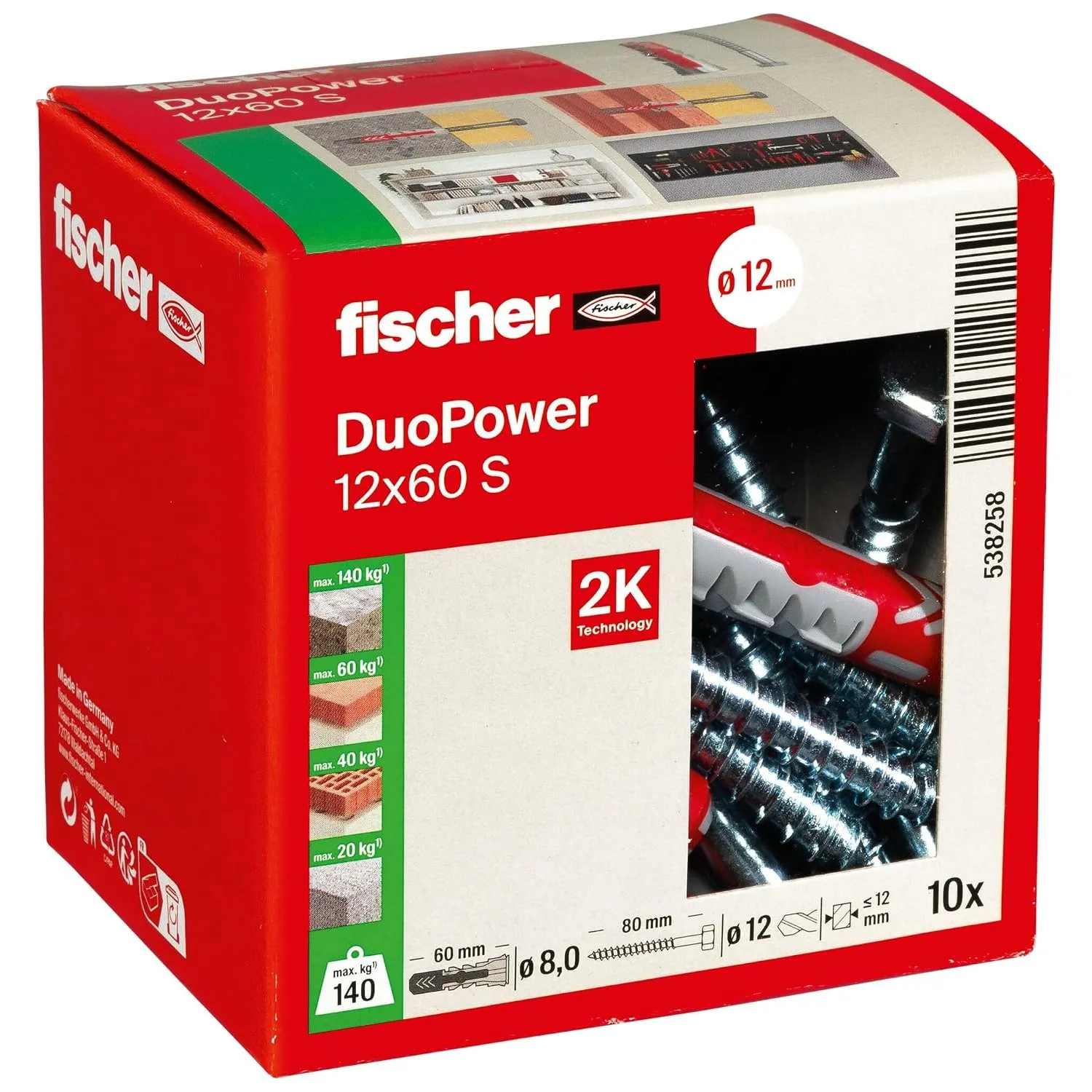 fischer DuoPower 12 x 60 S, Universaldübel mit Sicherheitsschraube, 2-Komponenten-Dübel, Kunststoffdübel zur Befestigun…