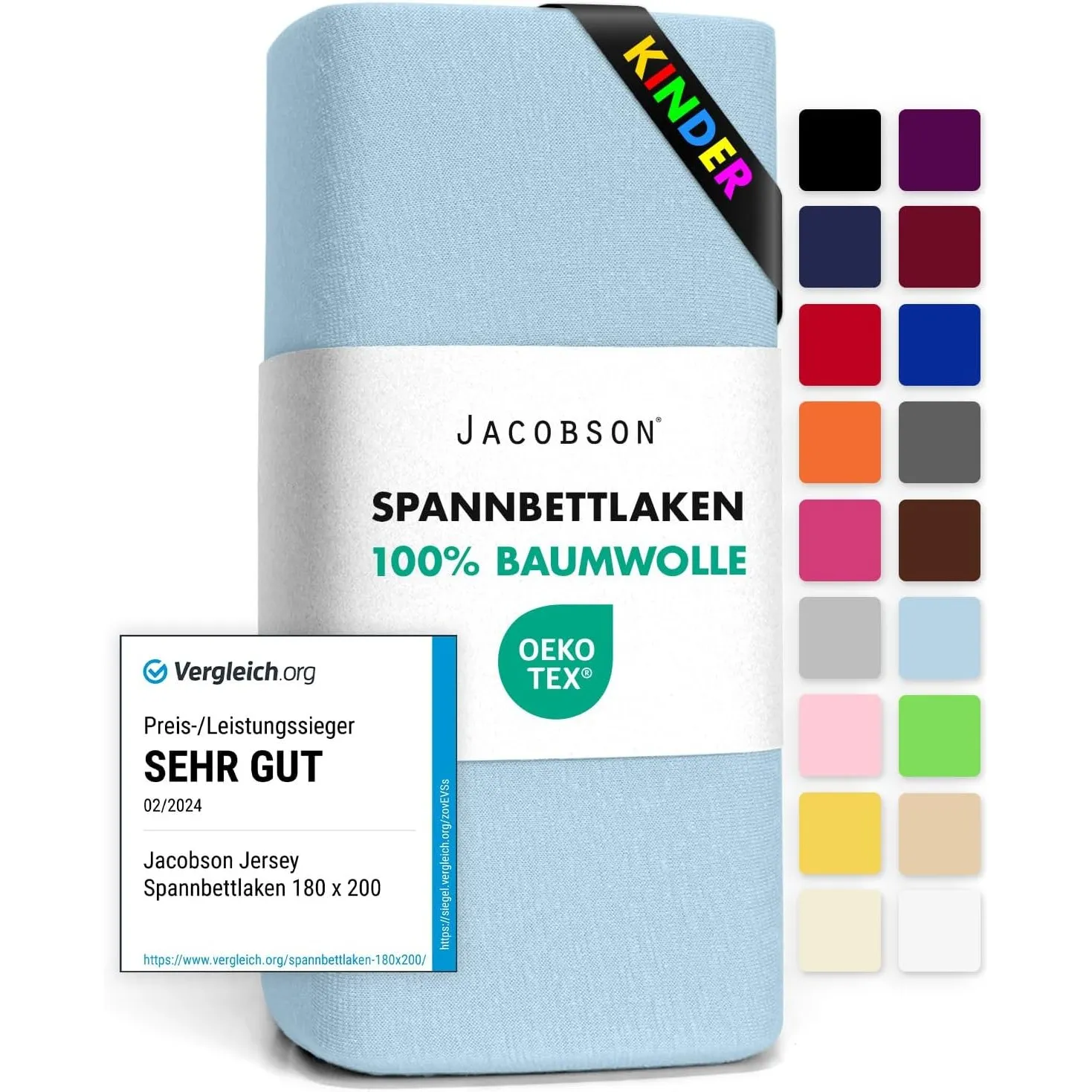 Jacobson Jersey Spannbettlaken Spannbetttuch Baumwolle Bettlaken (60x120-70x140 cm, Hellblau)