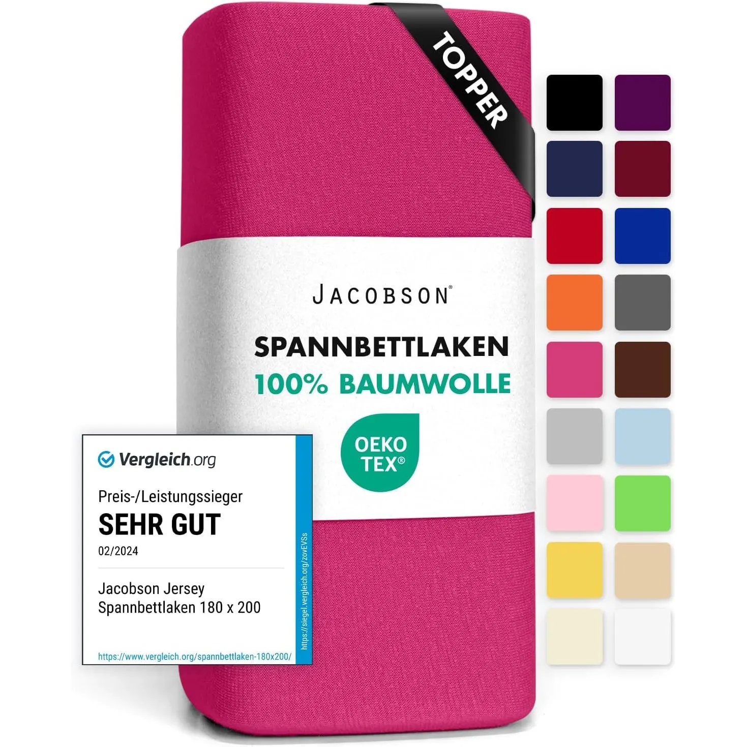 Jacobson Jersey Spannbettlaken Spannbetttuch Baumwolle Bettlaken (Topper 180-200x200 cm, Pink)