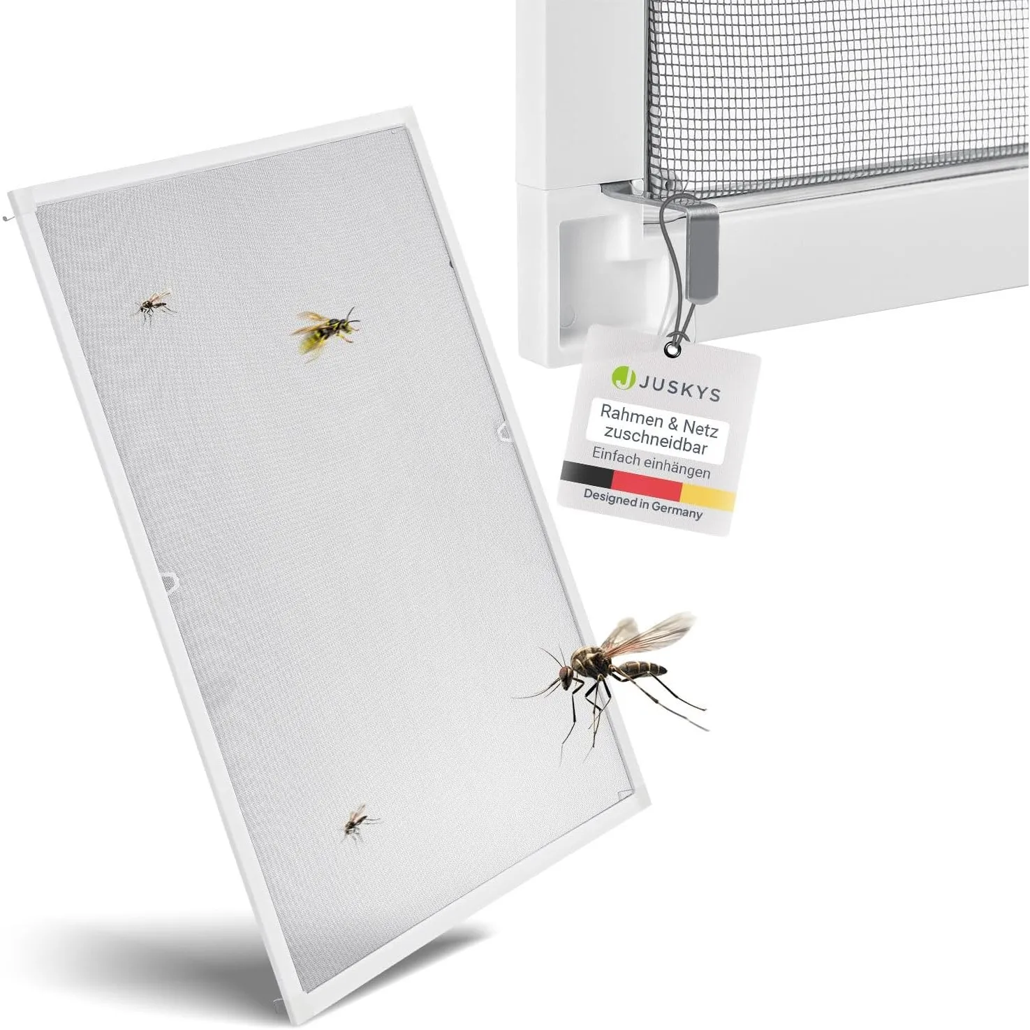 Juskys® Fliegengitter Fenster Alurahmen 130x150 cm (Weiß) – Insektenschutz Spannrahmen ohne Bohren, Einhängen – Mückens…