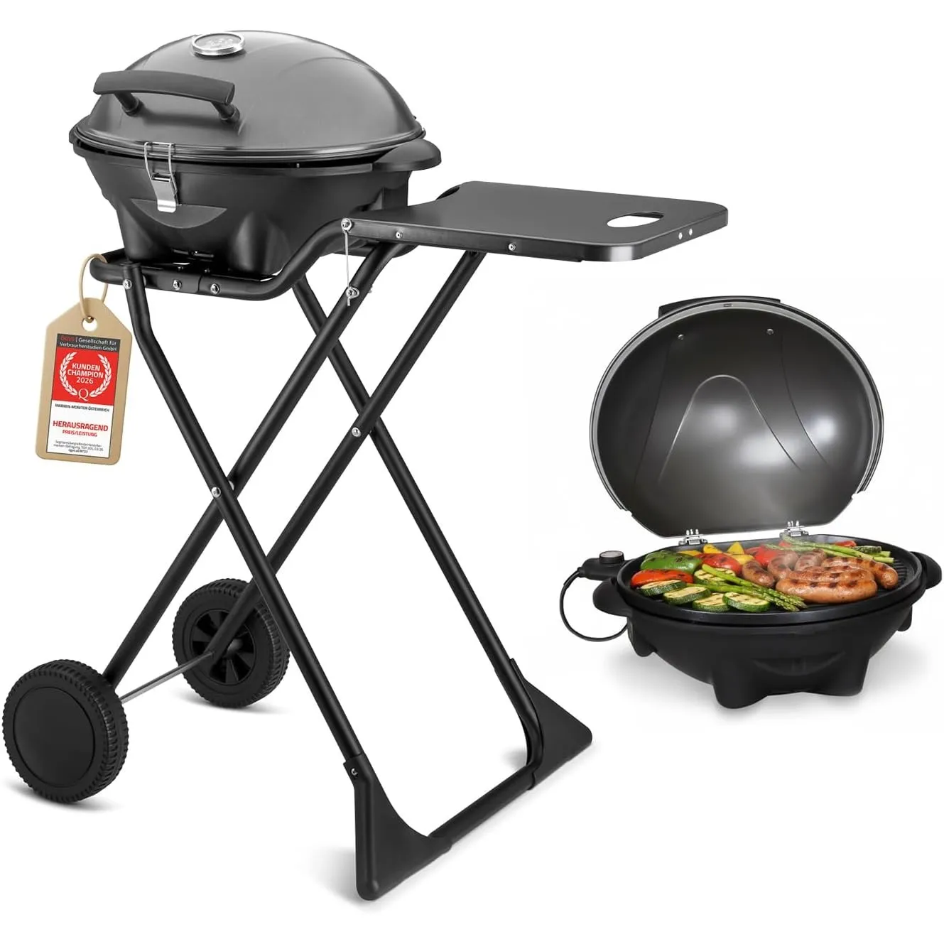 TZS First Austria - Elektrogrill 2 in 1 Tischgrill & Standgrill 2400W - Elektrischer & klappbarer Grill für Balkon & Te…